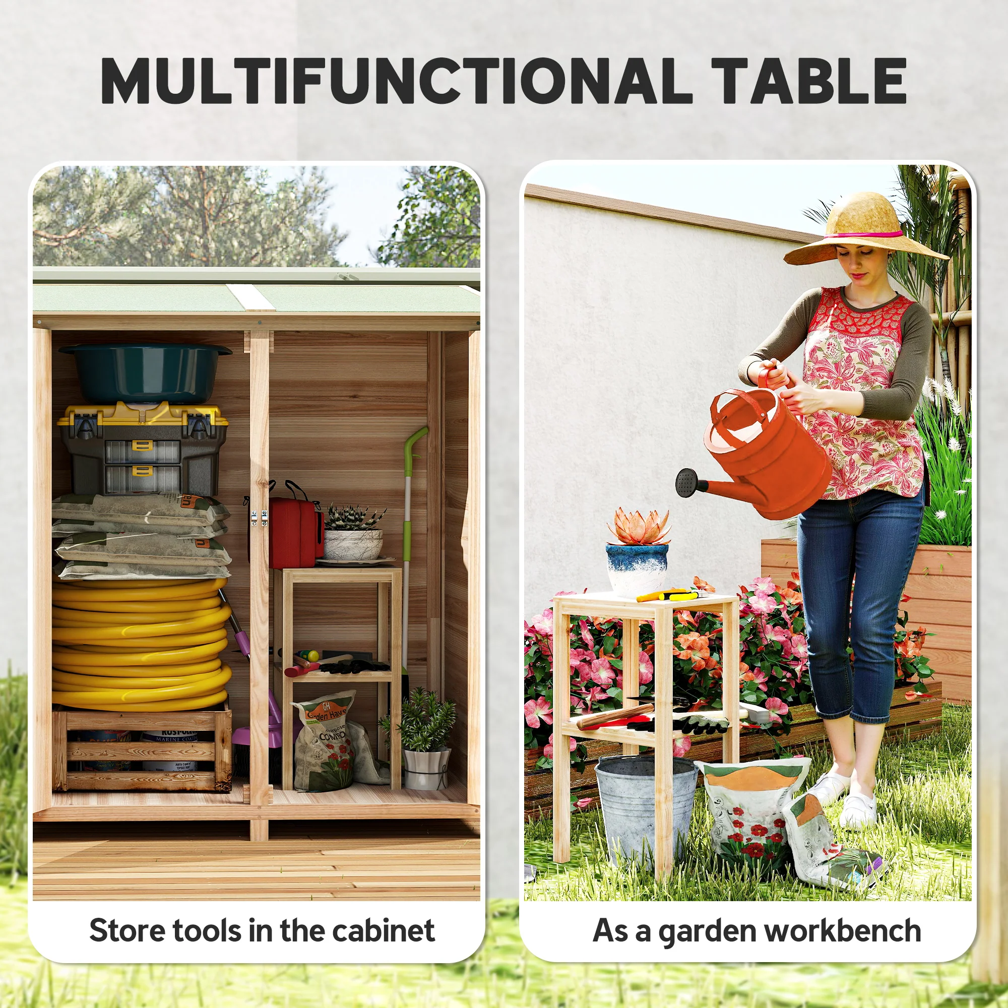 Outsunny Garden Storage Shed Tool Organizer W/ Table, 140x75x157cm, Natural - Image 3