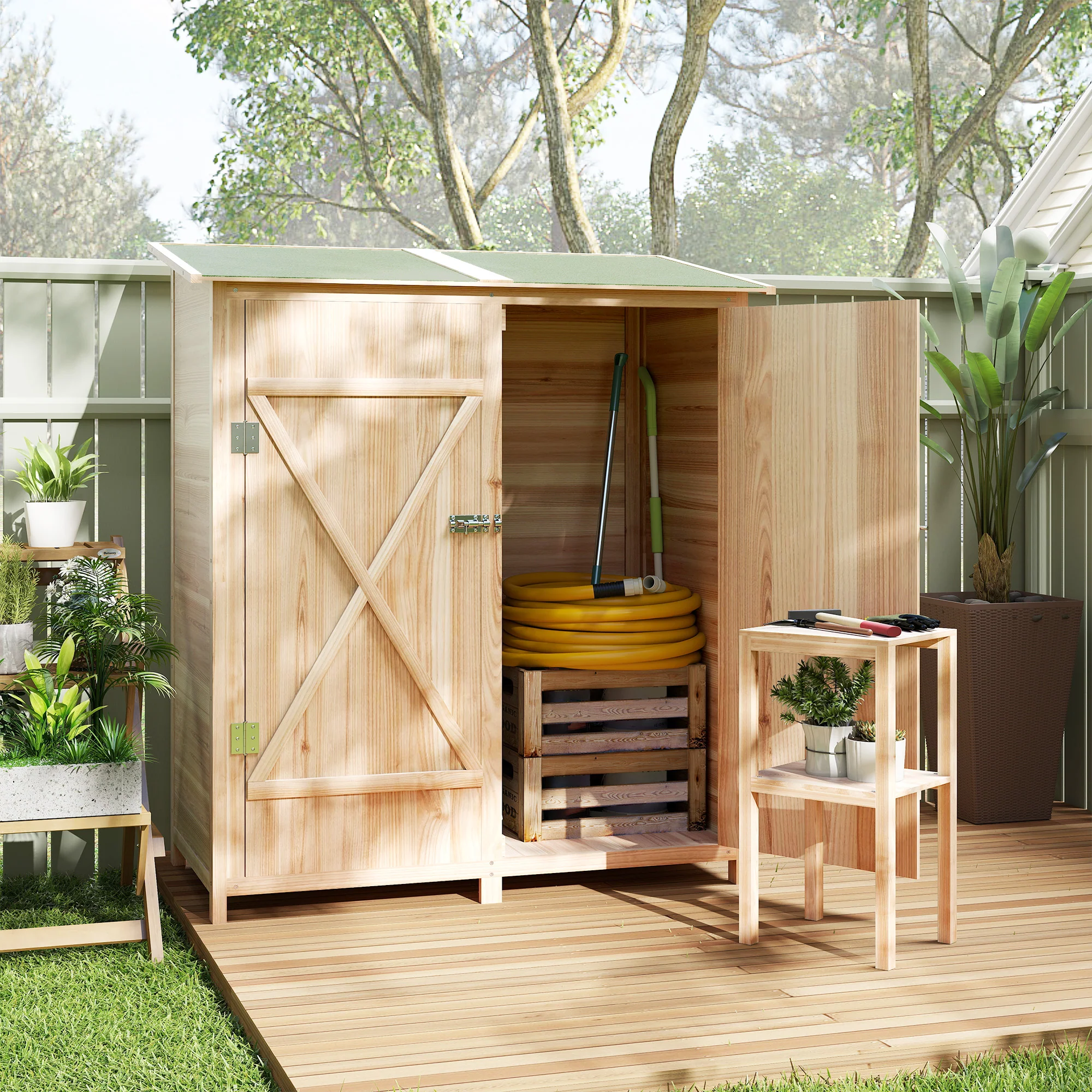 Outsunny Garden Storage Shed Tool Organizer W/ Table, 140x75x157cm, Natural - Image 9