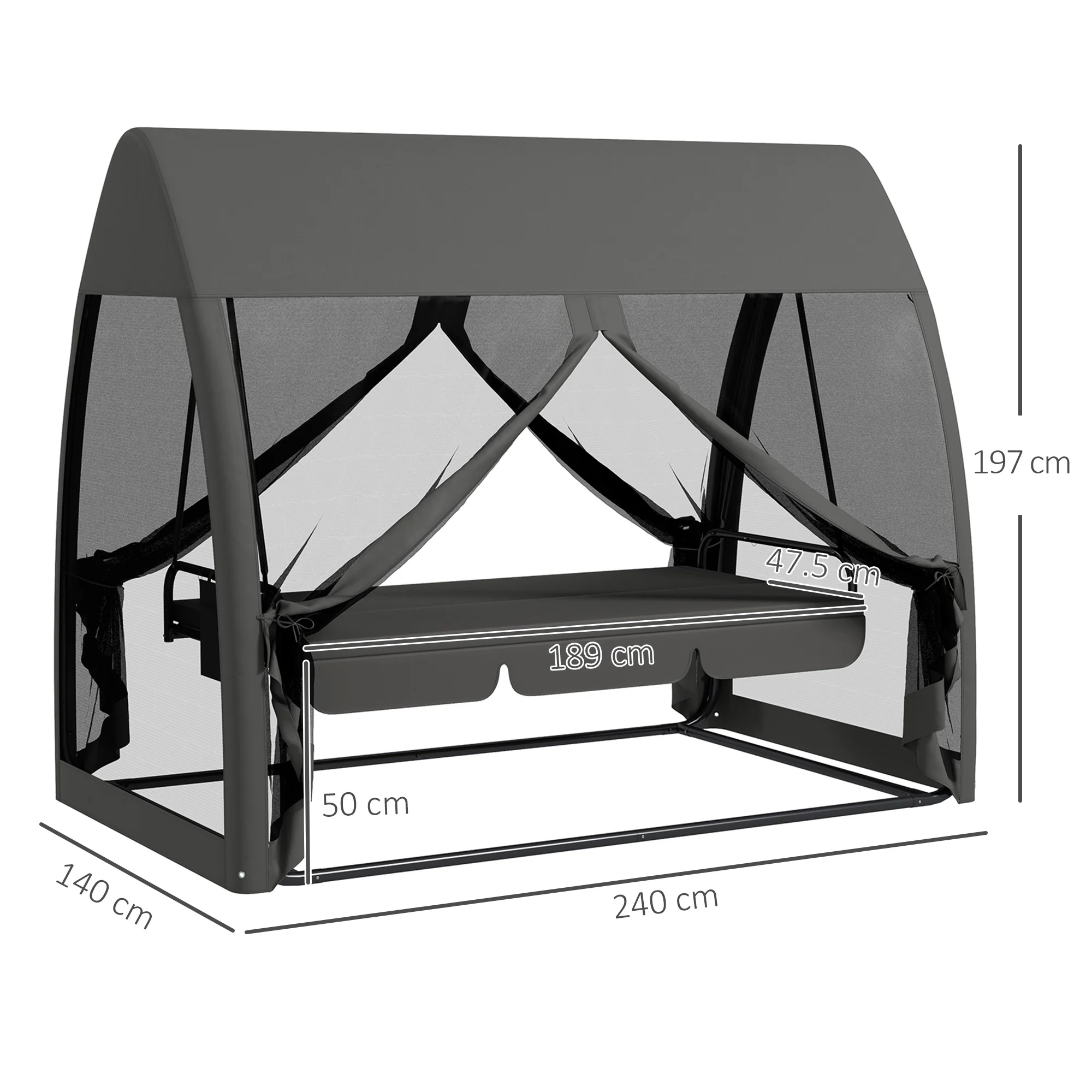 Outsunny Garden Swing Chair Patio Hammock 3 Seater Bench Canopy Lounger Grey - Image 5