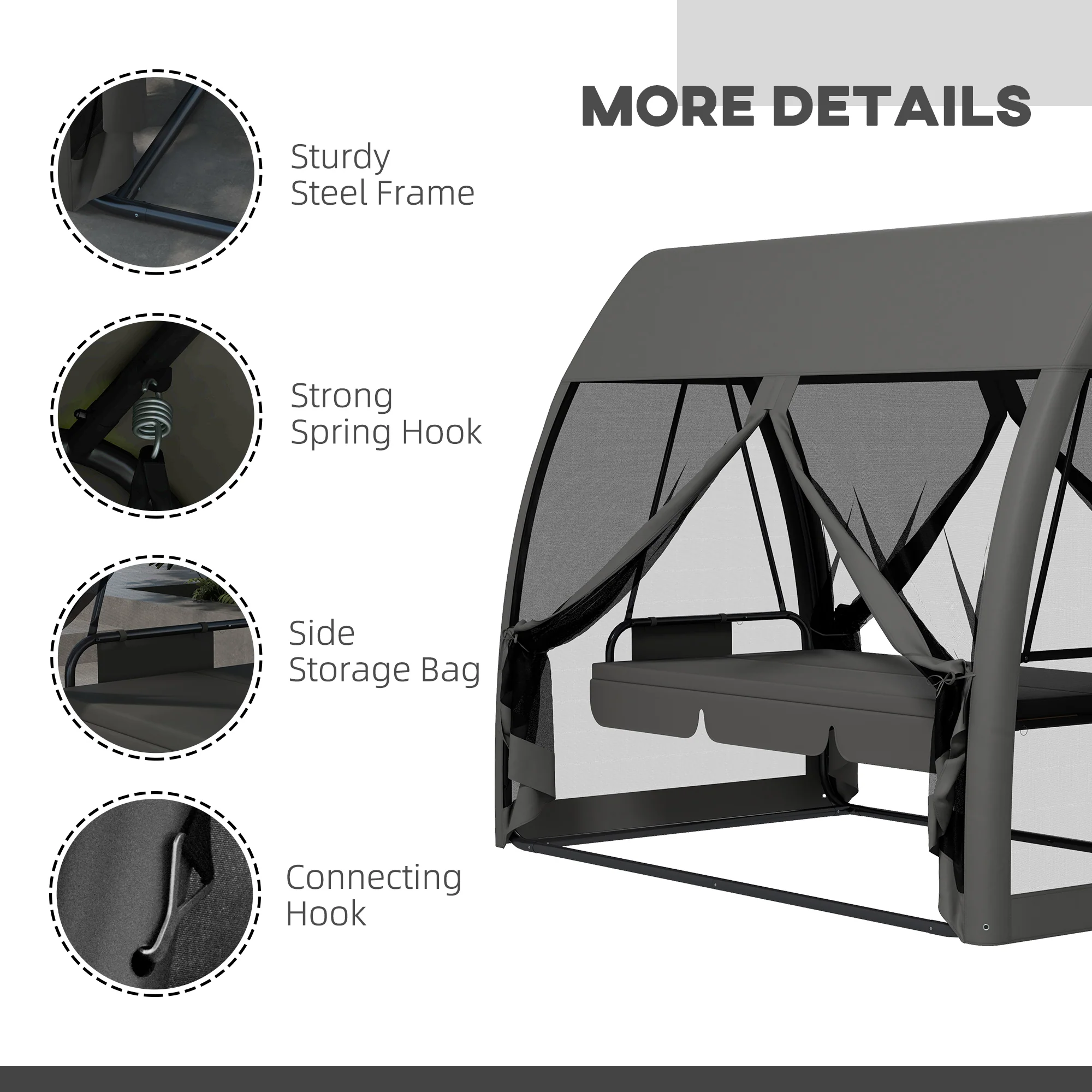 Outsunny Garden Swing Chair Patio Hammock 3 Seater Bench Canopy Lounger Grey - Image 7