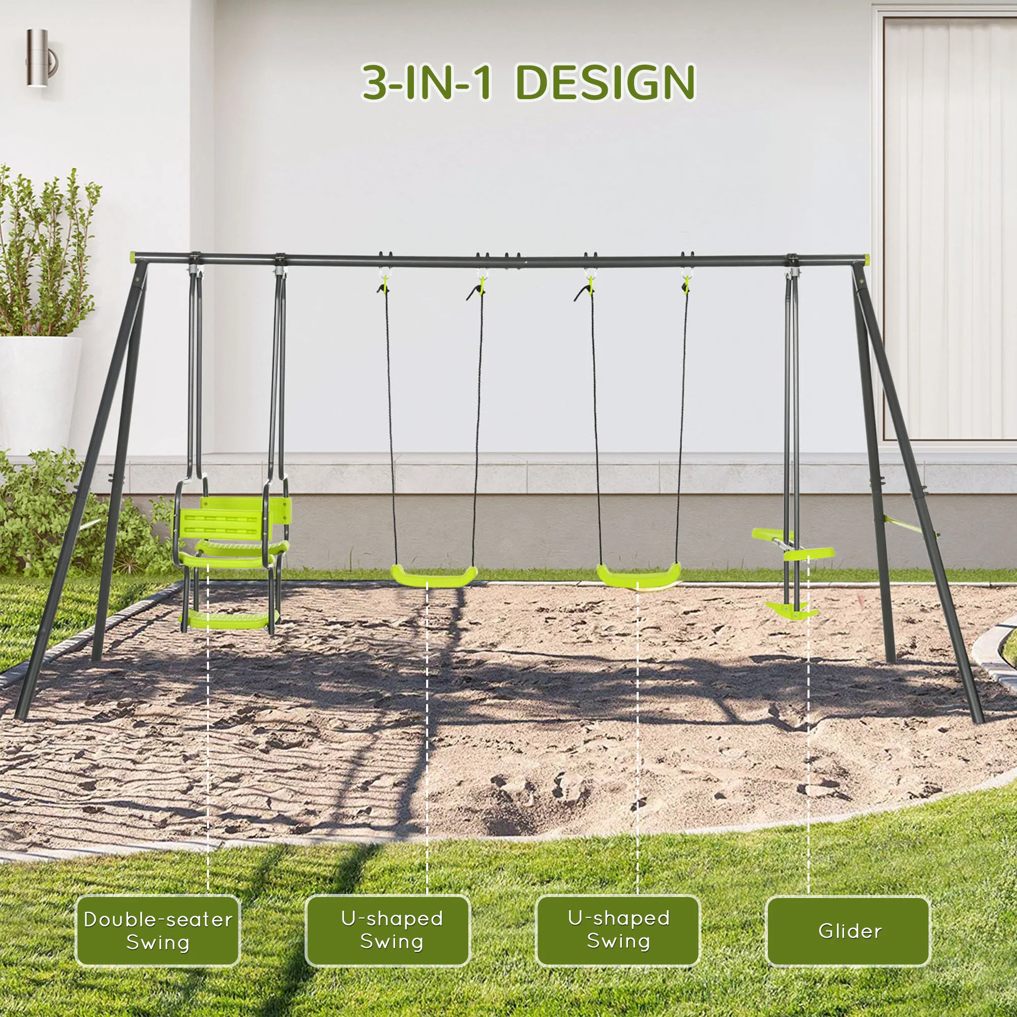 Outsunny Garden Swing Set With Double Swings, Glider, Swing Seats For Outdoor - Image 3