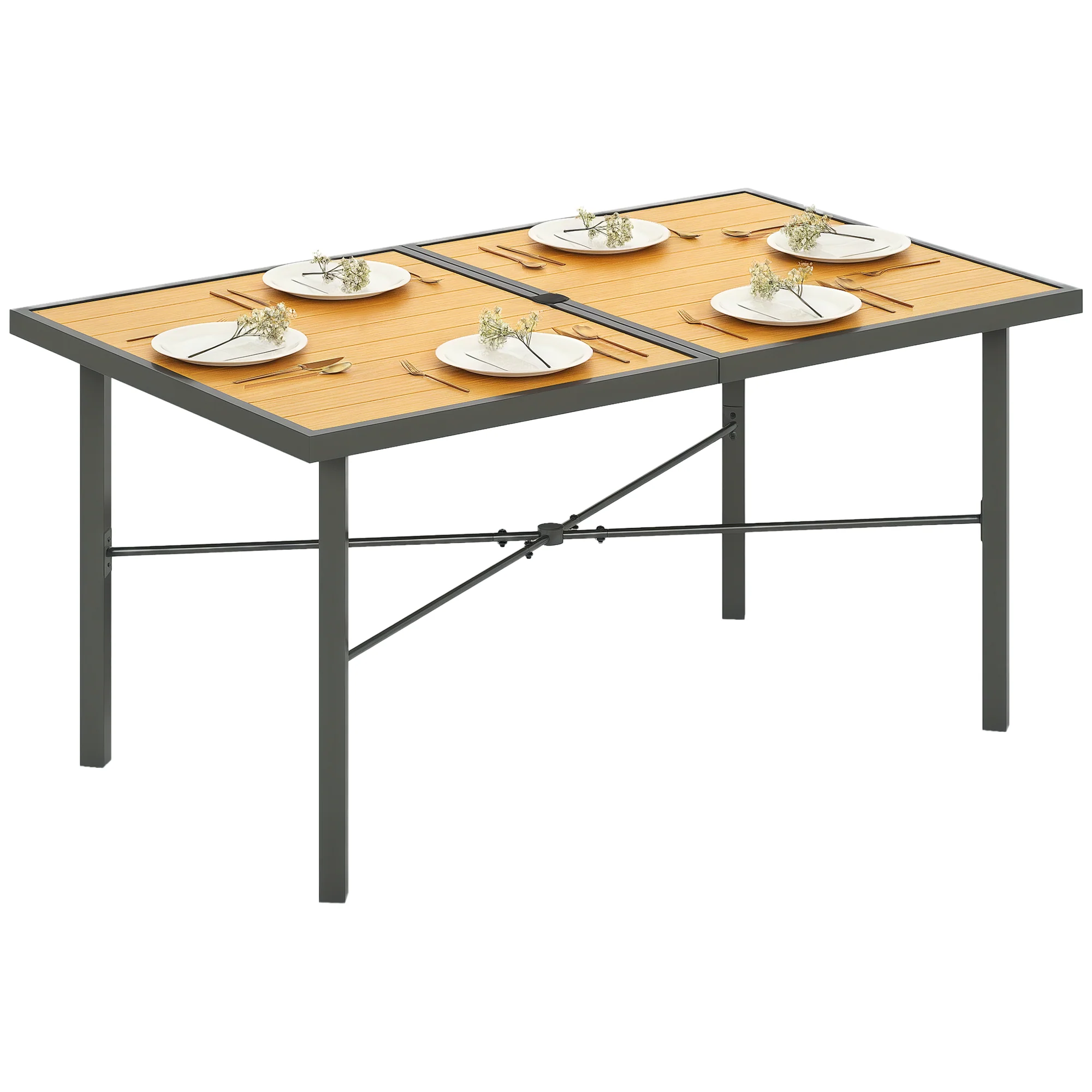 Outsunny Garden Table For 6, Outdoor Dining Table With 5cm Umbrella Hole