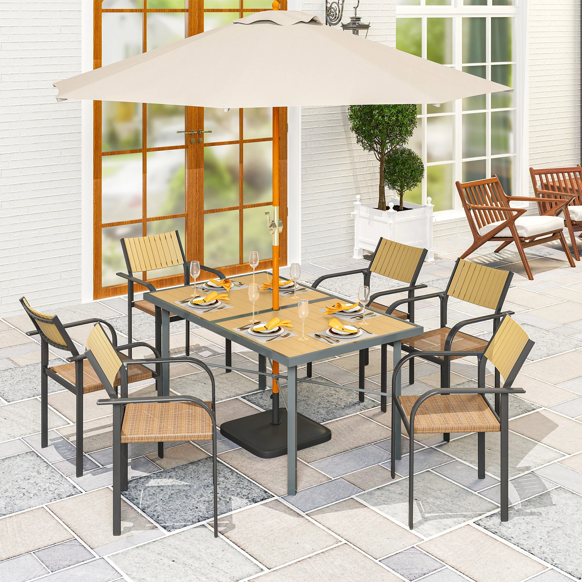 Outsunny Garden Table For 6, Outdoor Dining Table With 5cm Umbrella Hole - Image 2