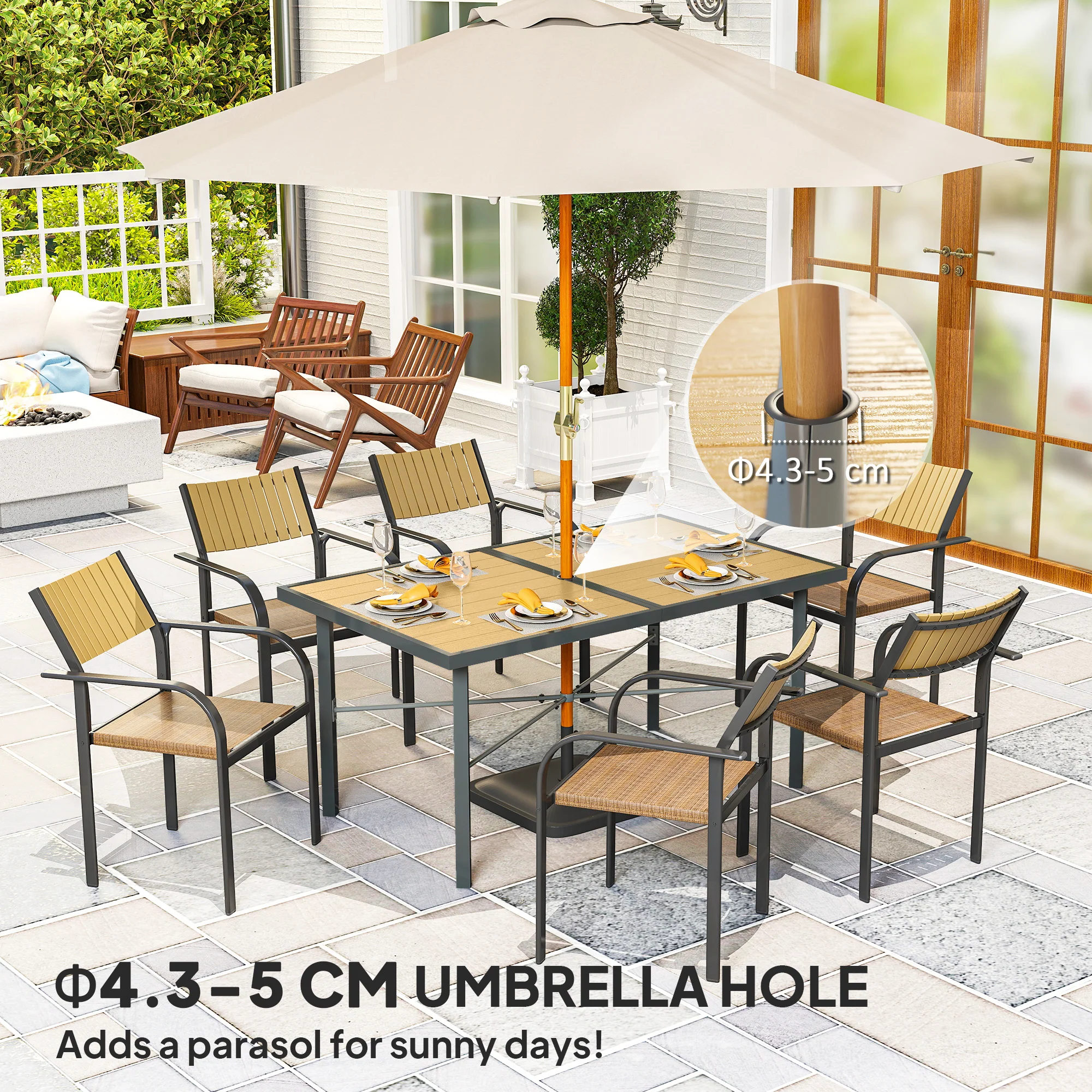 Outsunny Garden Table For 6, Outdoor Dining Table With 5cm Umbrella Hole - Image 7