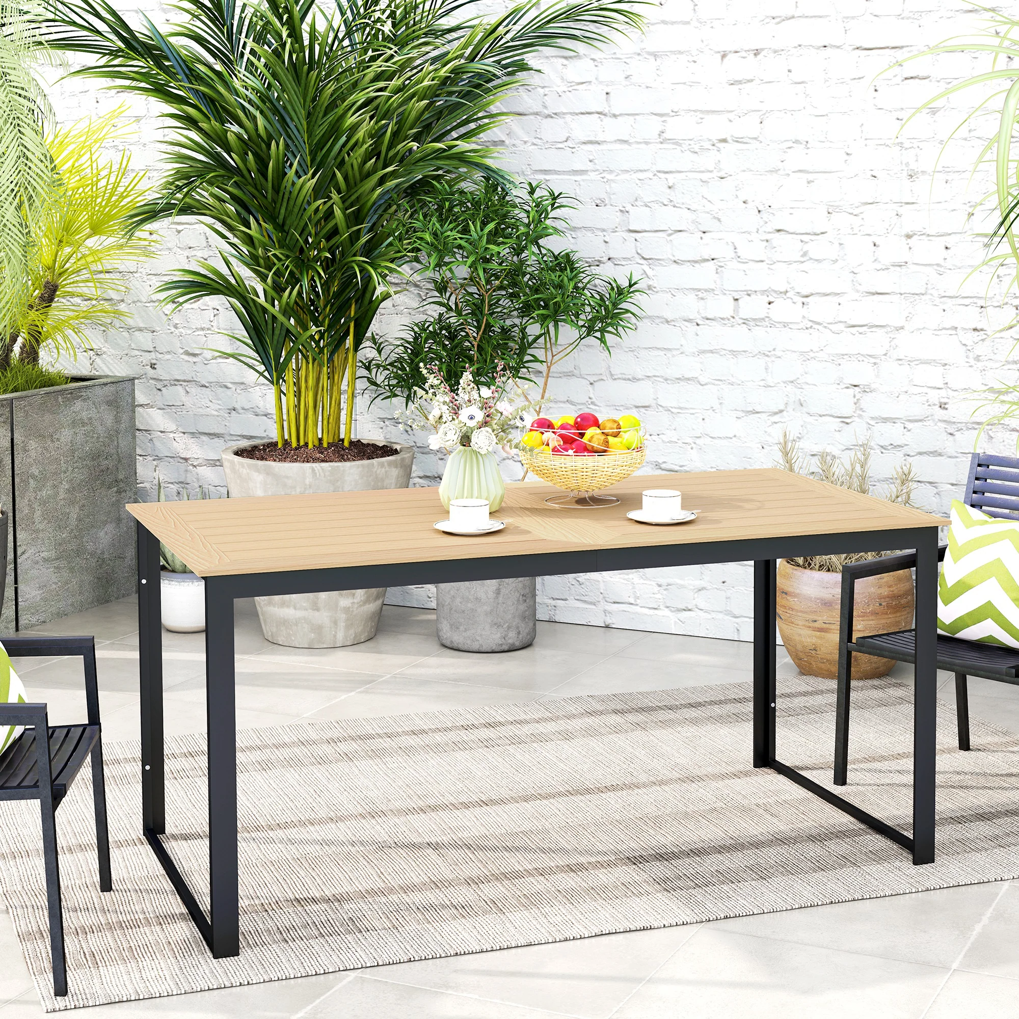 Outsunny Garden Table for 6 People with Slatted Table Top, Metal Frame, Teak - Image 2
