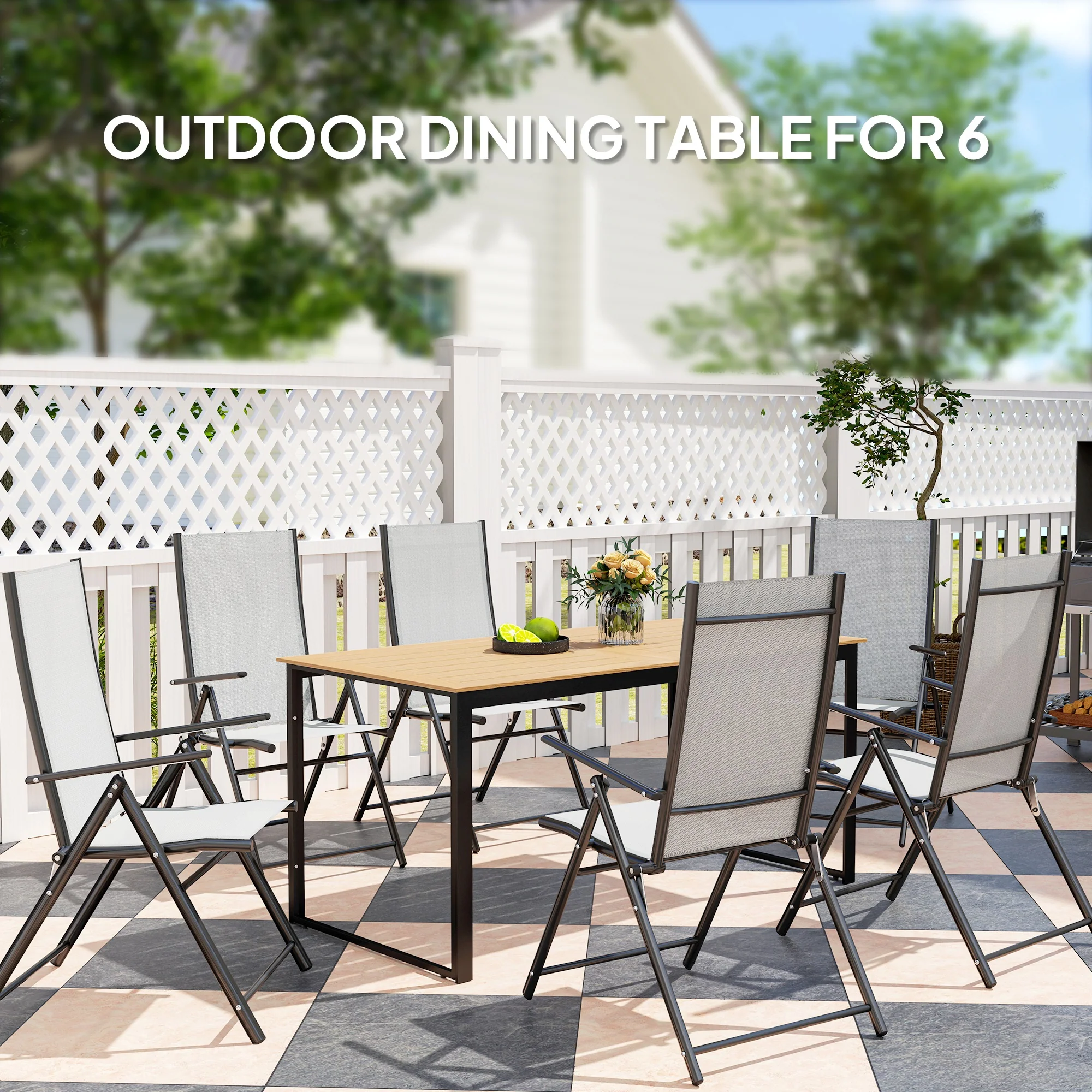 Outsunny Garden Table for 6 People with Slatted Table Top, Metal Frame, Teak - Image 3