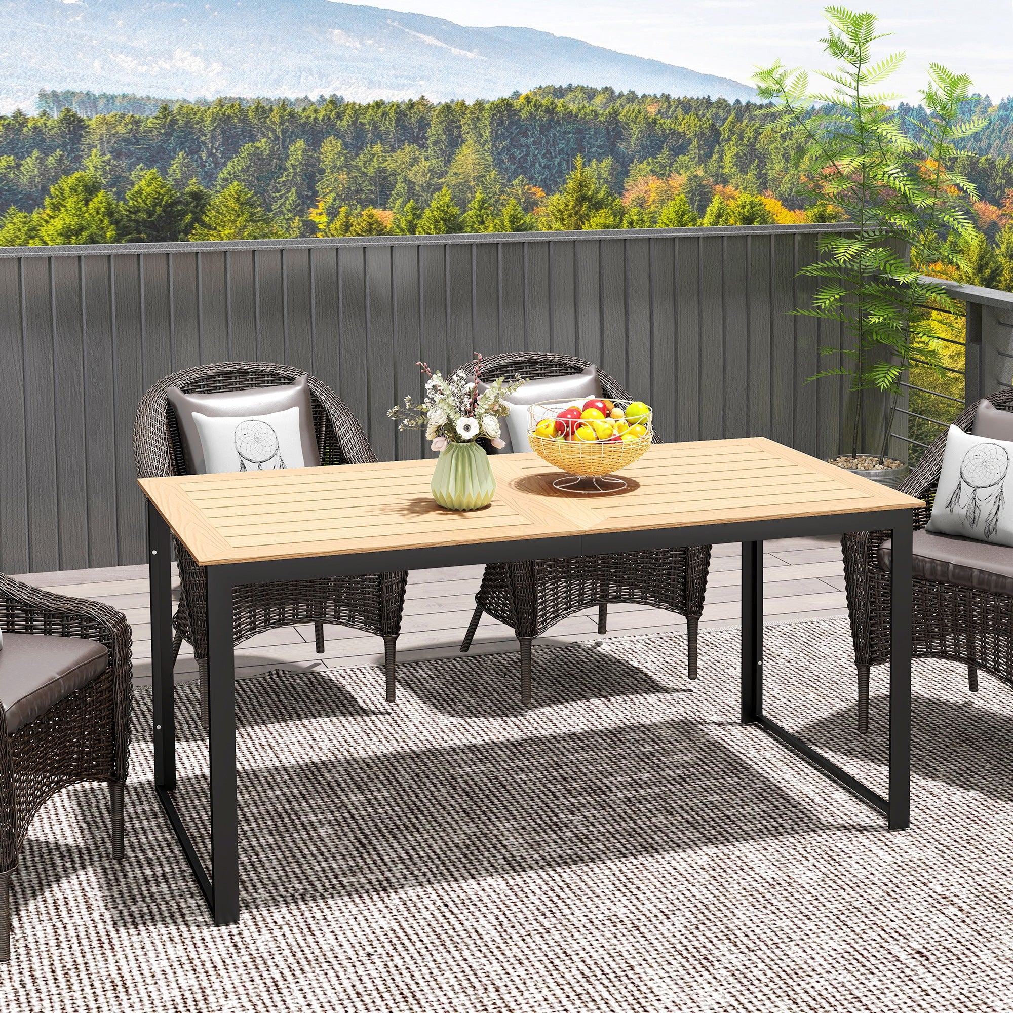 Outsunny Garden Table for 6 People with Slatted Table Top, Metal Frame, Teak - Image 7