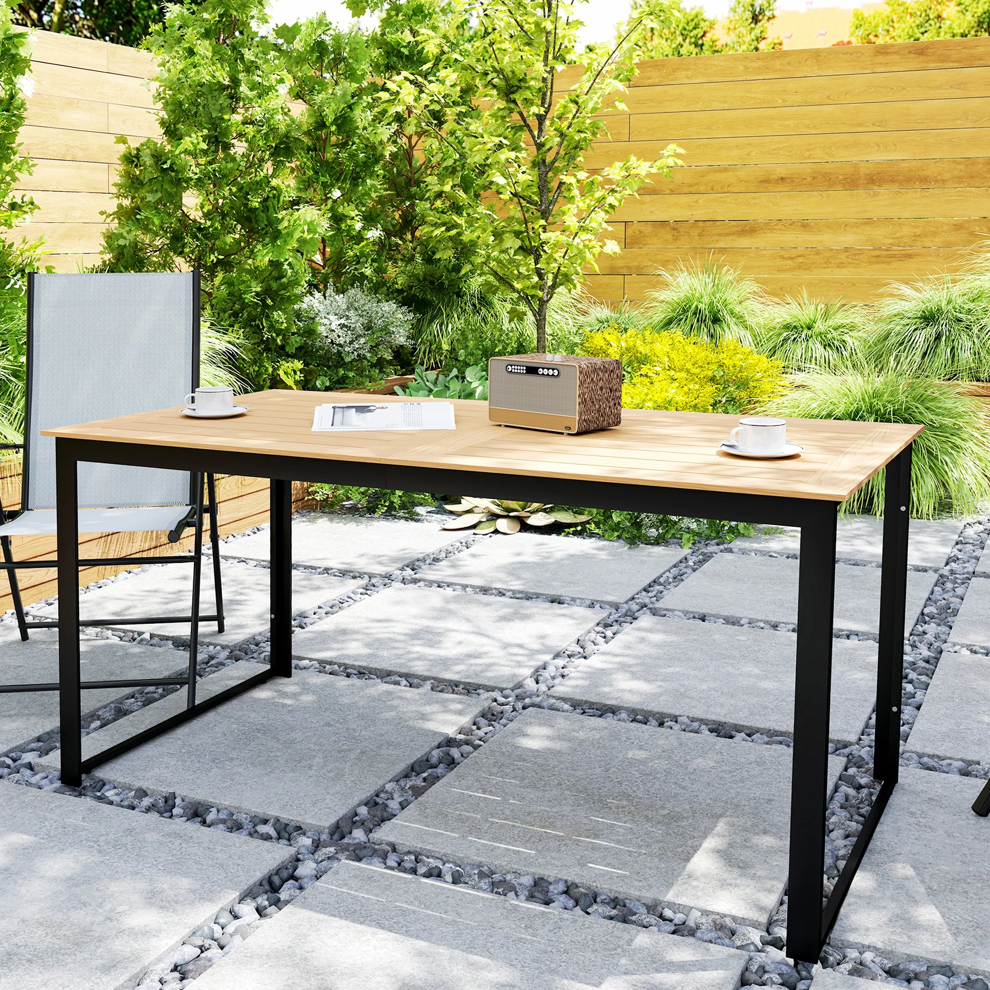 Outsunny Garden Table for 6 People with Slatted Table Top, Metal Frame, Teak - Image 9