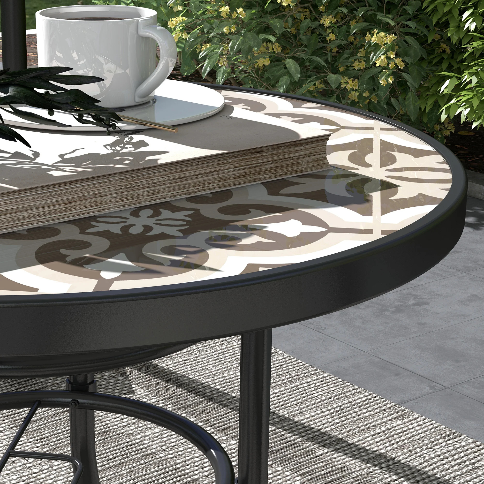 Outsunny Garden Table With Glass Printed Design For Outdoor - Image 17