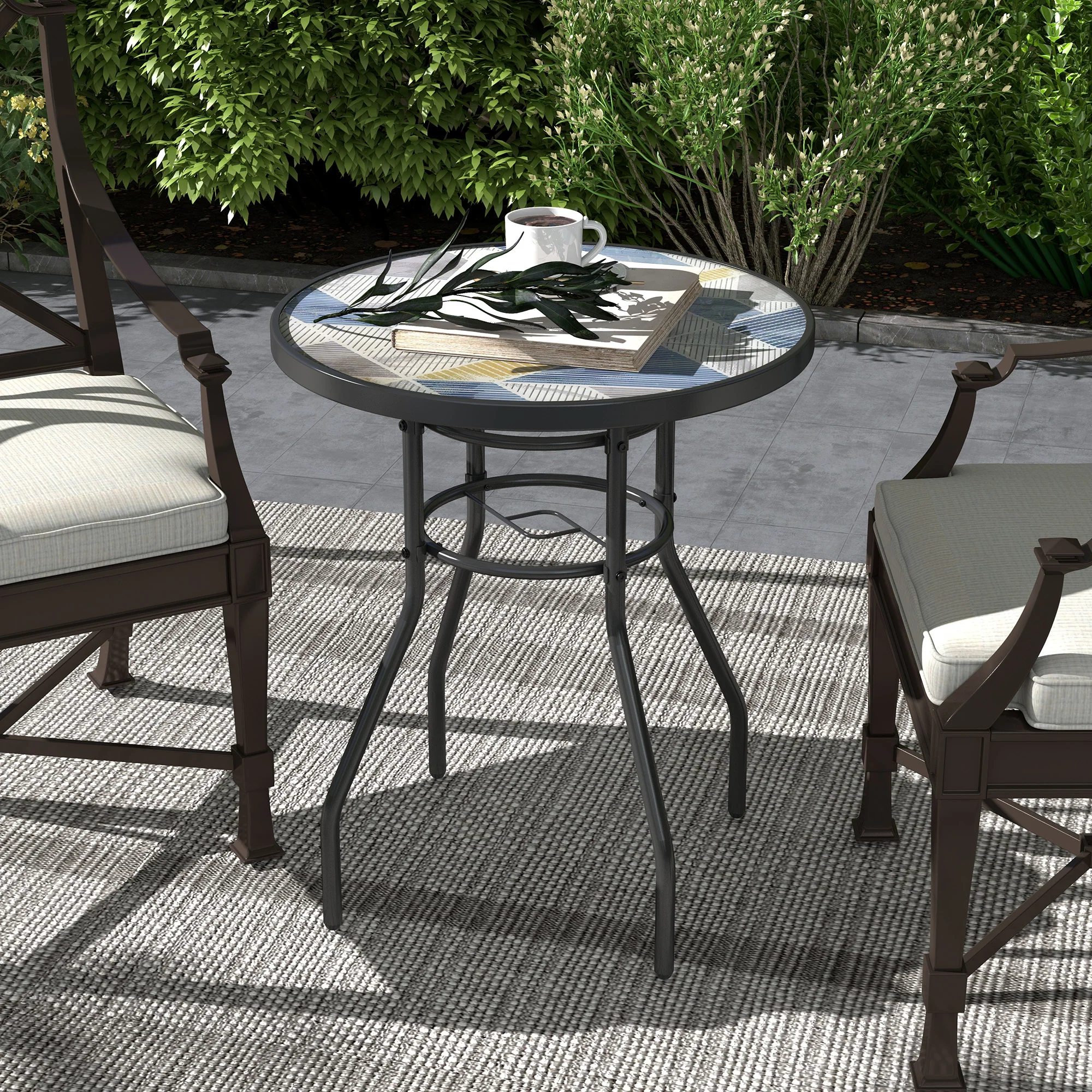 Outsunny Garden Table With Glass Printed Design For Outdoor - Image 2