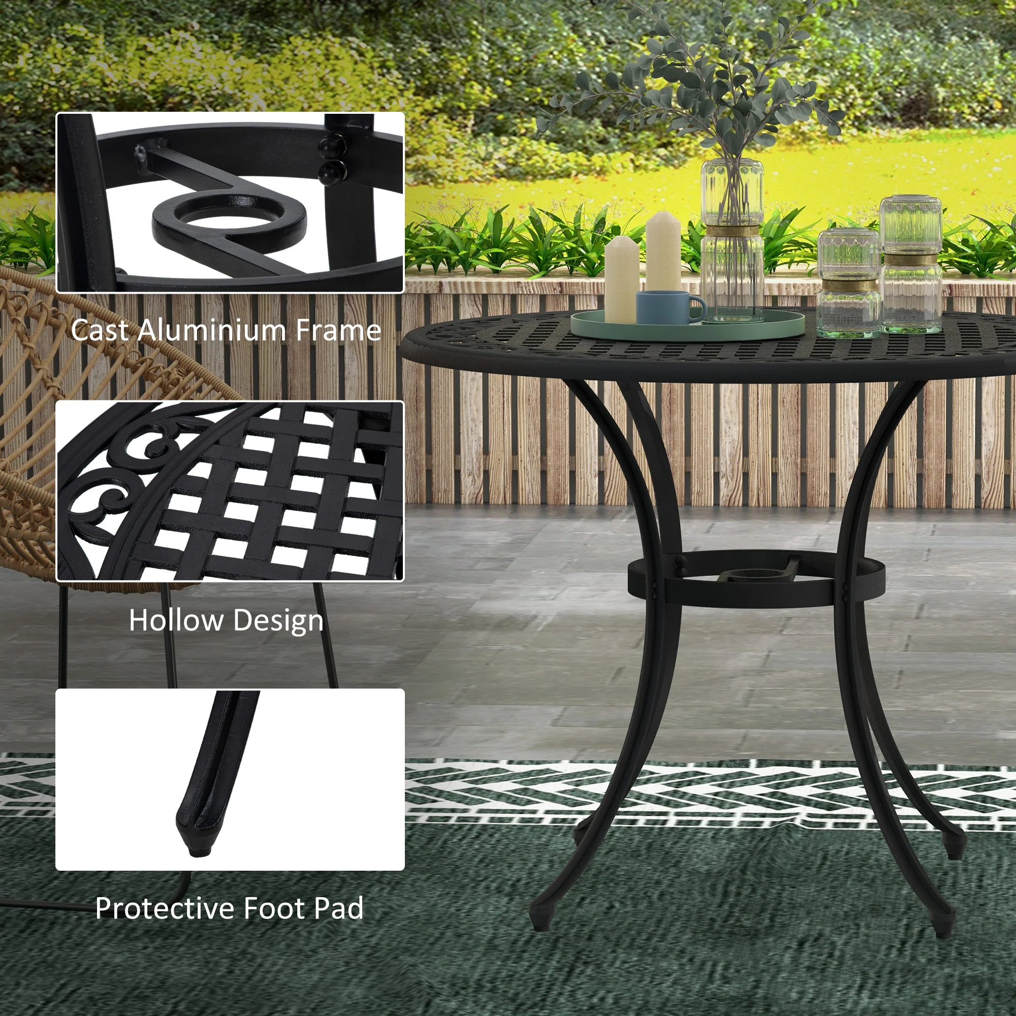 Outsunny Garden Table with Parasol Hole for 2-4, Cast Aluminium Frame - Black - Image 6