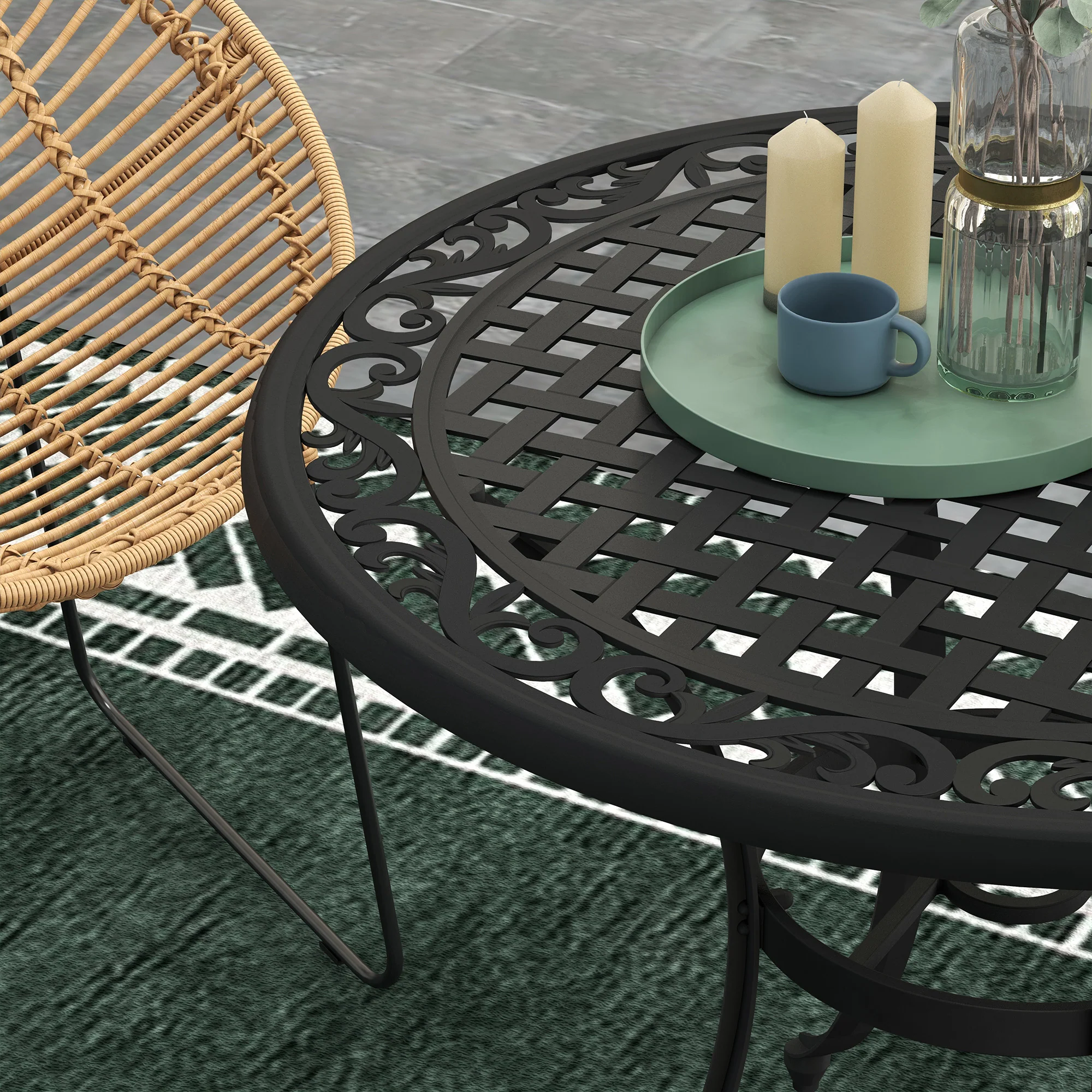 Outsunny Garden Table with Parasol Hole for 2-4, Cast Aluminium Frame - Black - Image 7