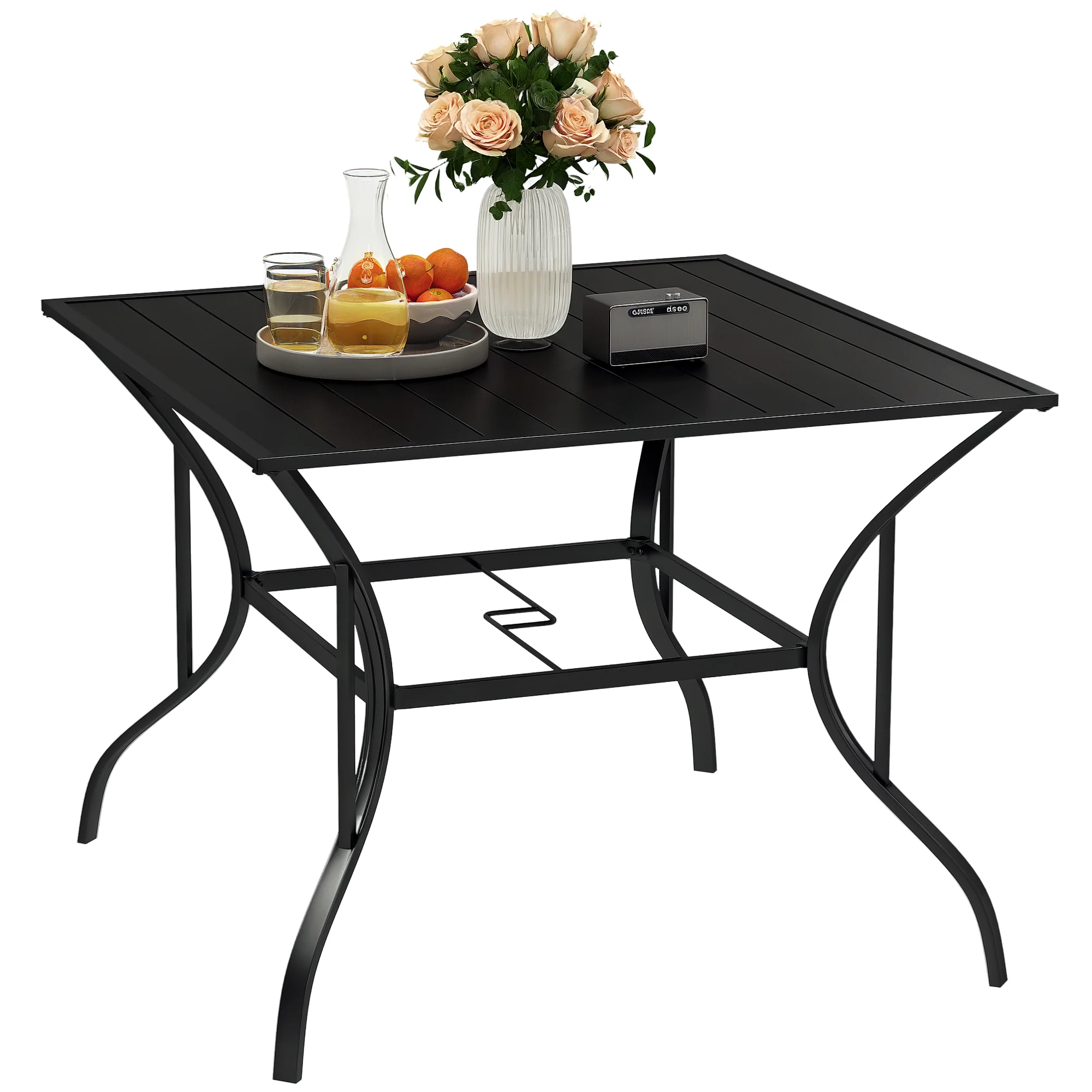 Outsunny Garden Table With Parasol Hole For Four, Slatted Metal Plate Top Grey/Black - Image 10