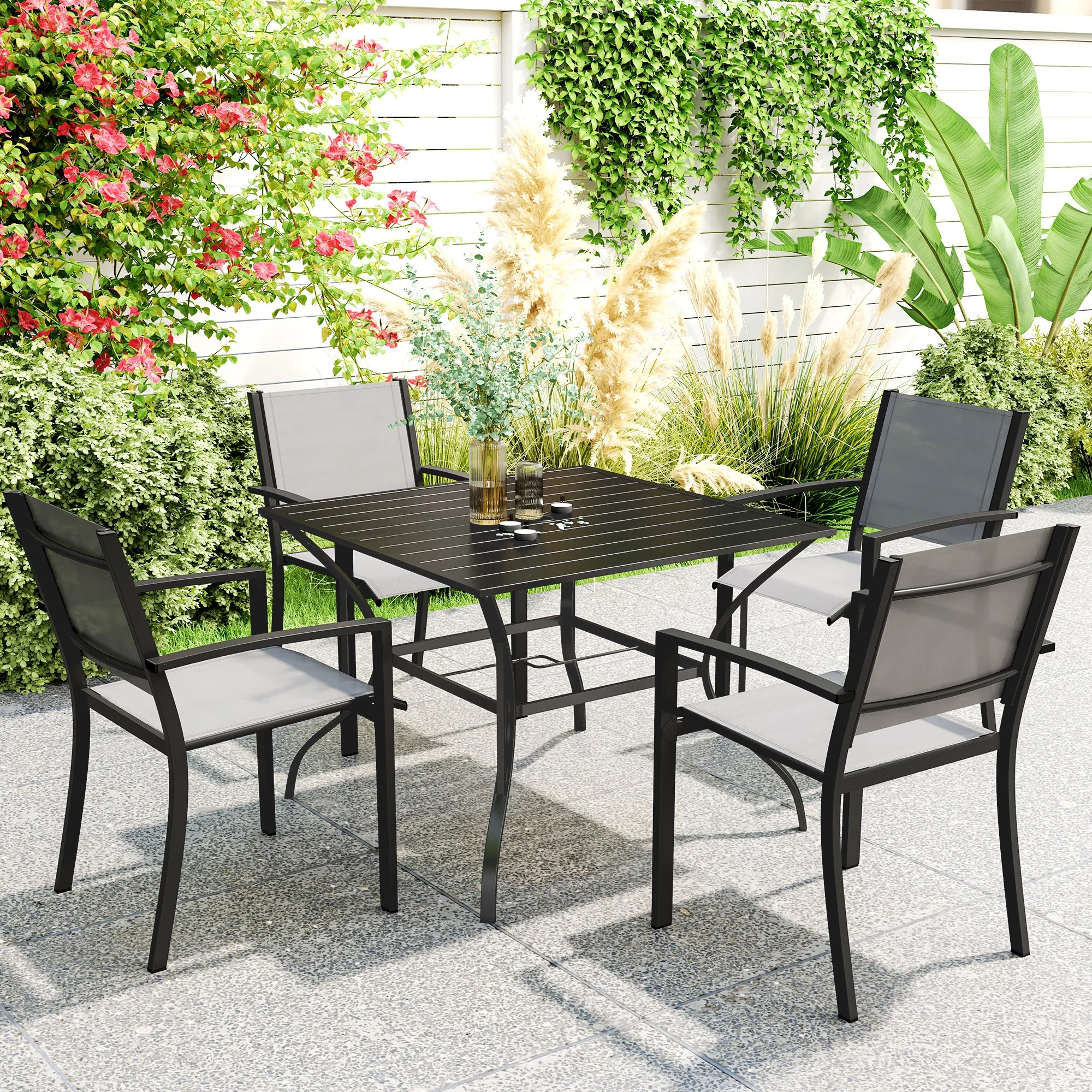 Outsunny Garden Table With Parasol Hole For Four, Slatted Metal Plate Top Grey/Black - Image 11