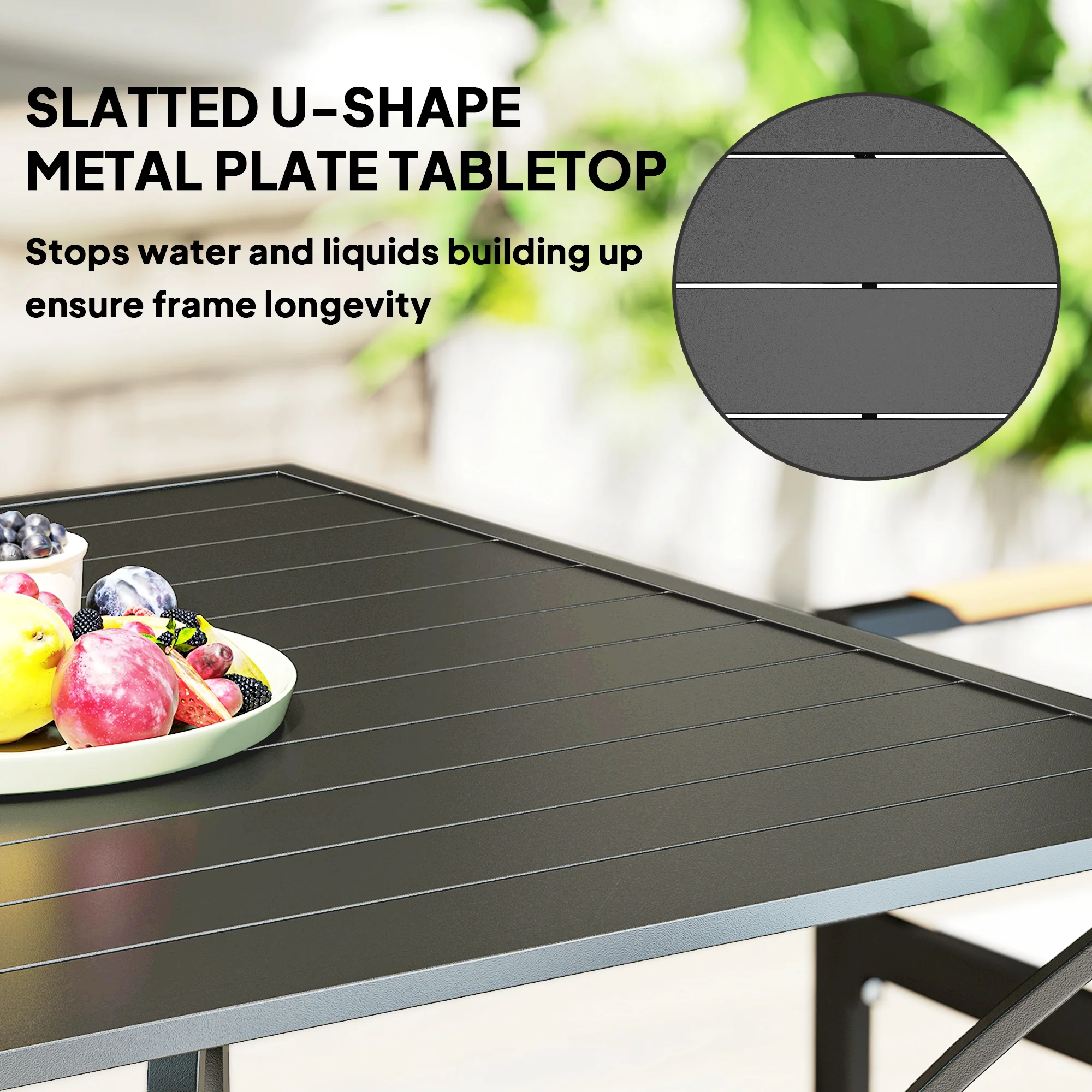 Outsunny Garden Table With Parasol Hole For Four, Slatted Metal Plate Top Grey/Black - Image 13