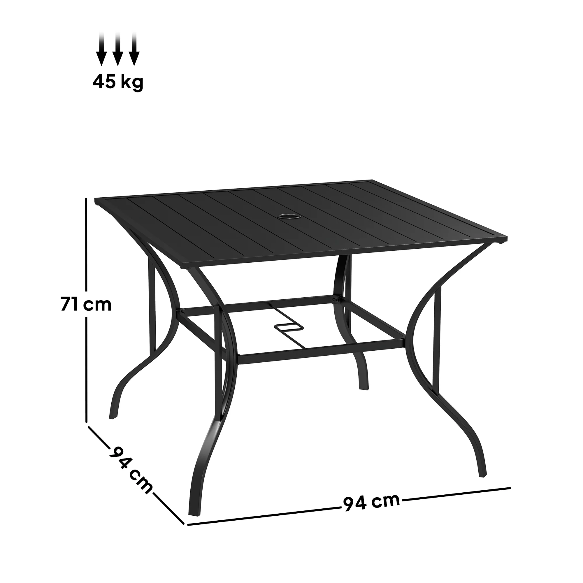 Outsunny Garden Table With Parasol Hole For Four, Slatted Metal Plate Top Grey/Black - Image 14