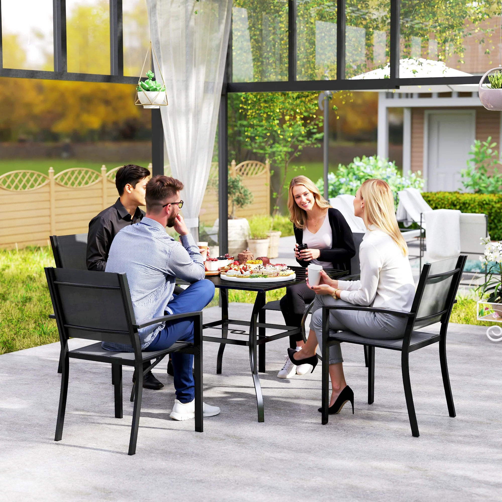 Outsunny Garden Table With Parasol Hole For Four, Slatted Metal Plate Top Grey/Black - Image 16
