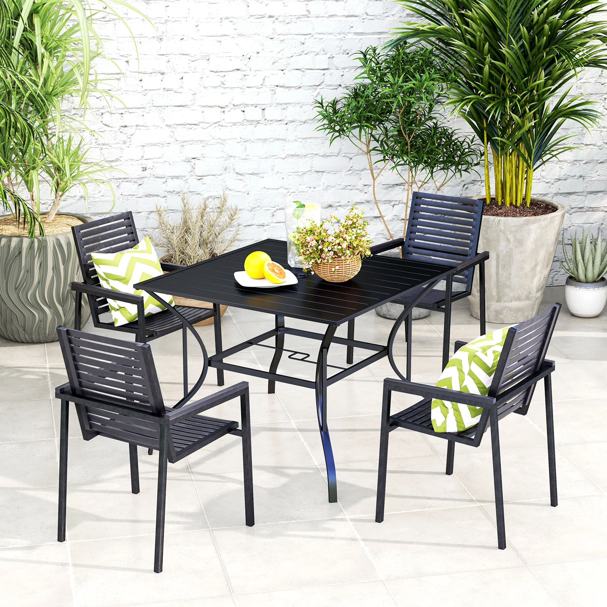 Outsunny Garden Table With Parasol Hole For Four, Slatted Metal Plate Top Grey/Black - Image 17