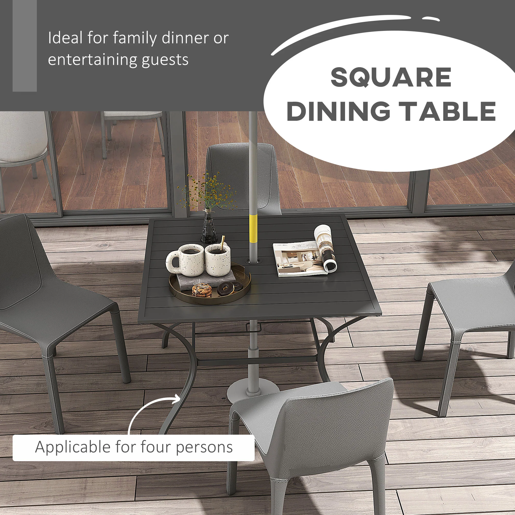 Outsunny Garden Table With Parasol Hole For Four, Slatted Metal Plate Top Grey/Black - Image 3
