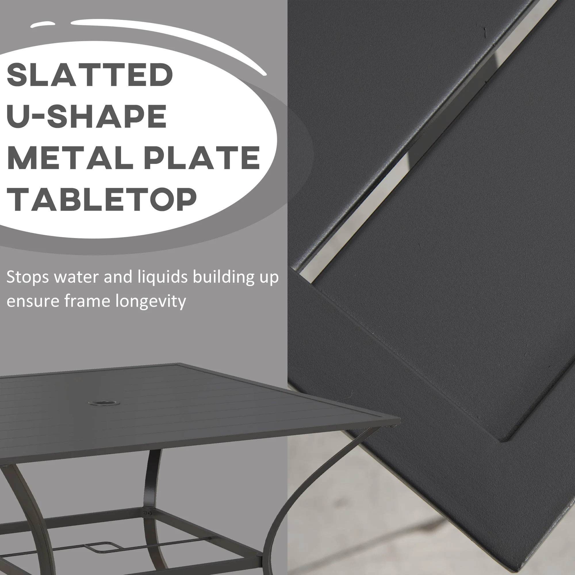 Outsunny Garden Table With Parasol Hole For Four, Slatted Metal Plate Top Grey/Black - Image 4