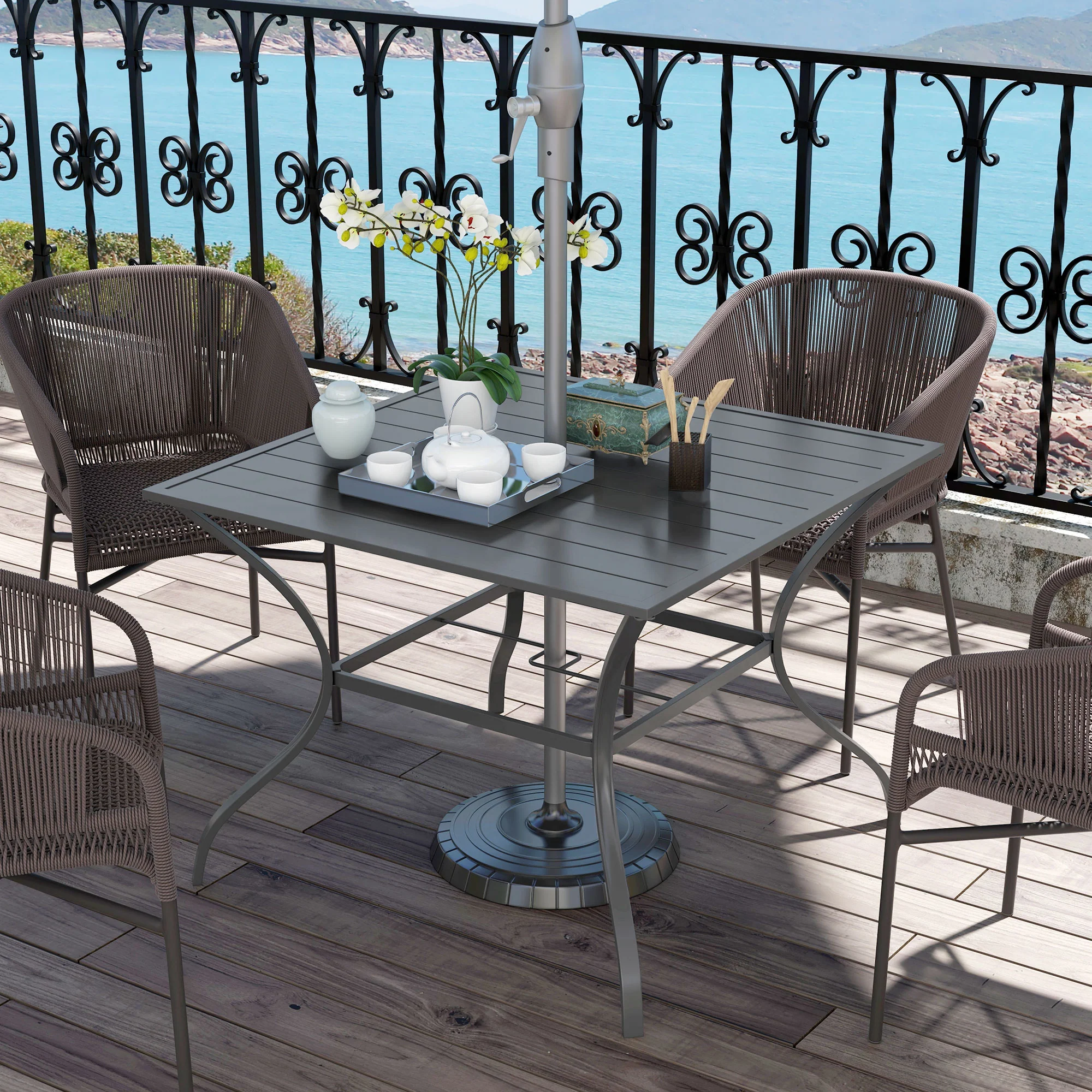 Outsunny Garden Table With Parasol Hole For Four, Slatted Metal Plate Top Grey/Black - Image 7