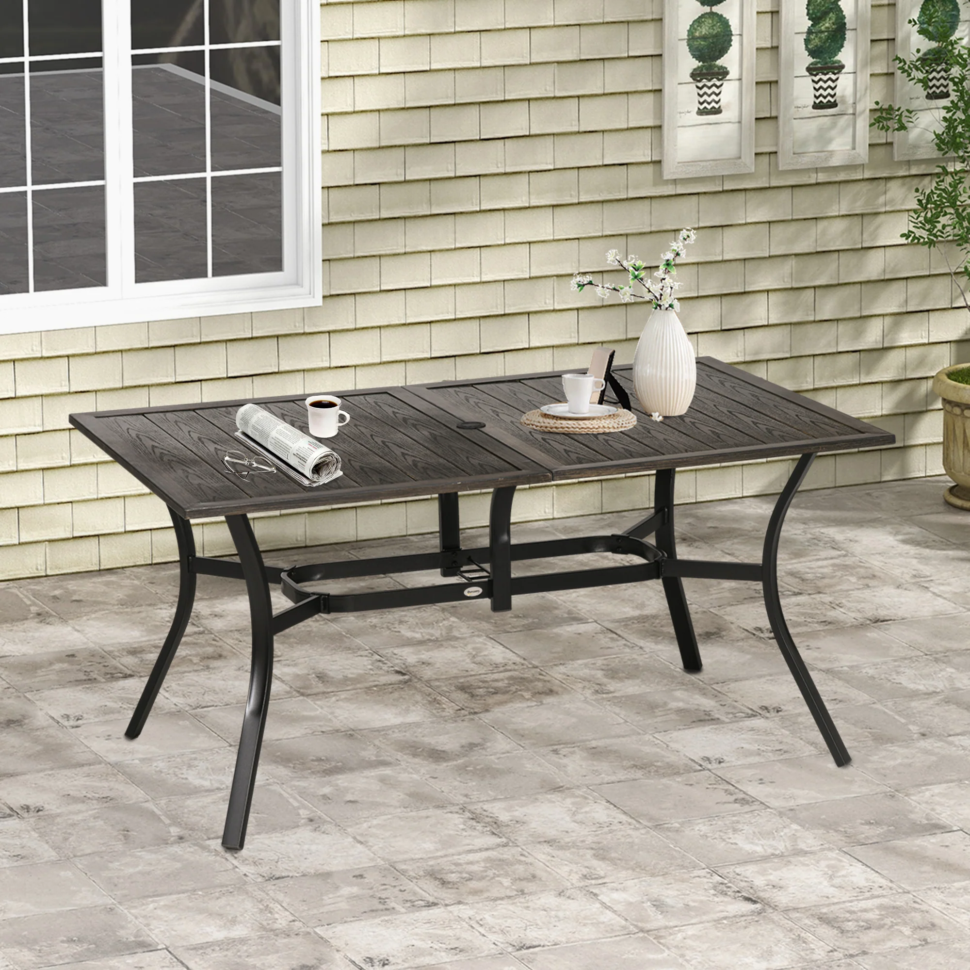 Outsunny Garden Table with Parasol Hole for Patio, Deck, Brown, 150 x 96 x 73cm - Image 2