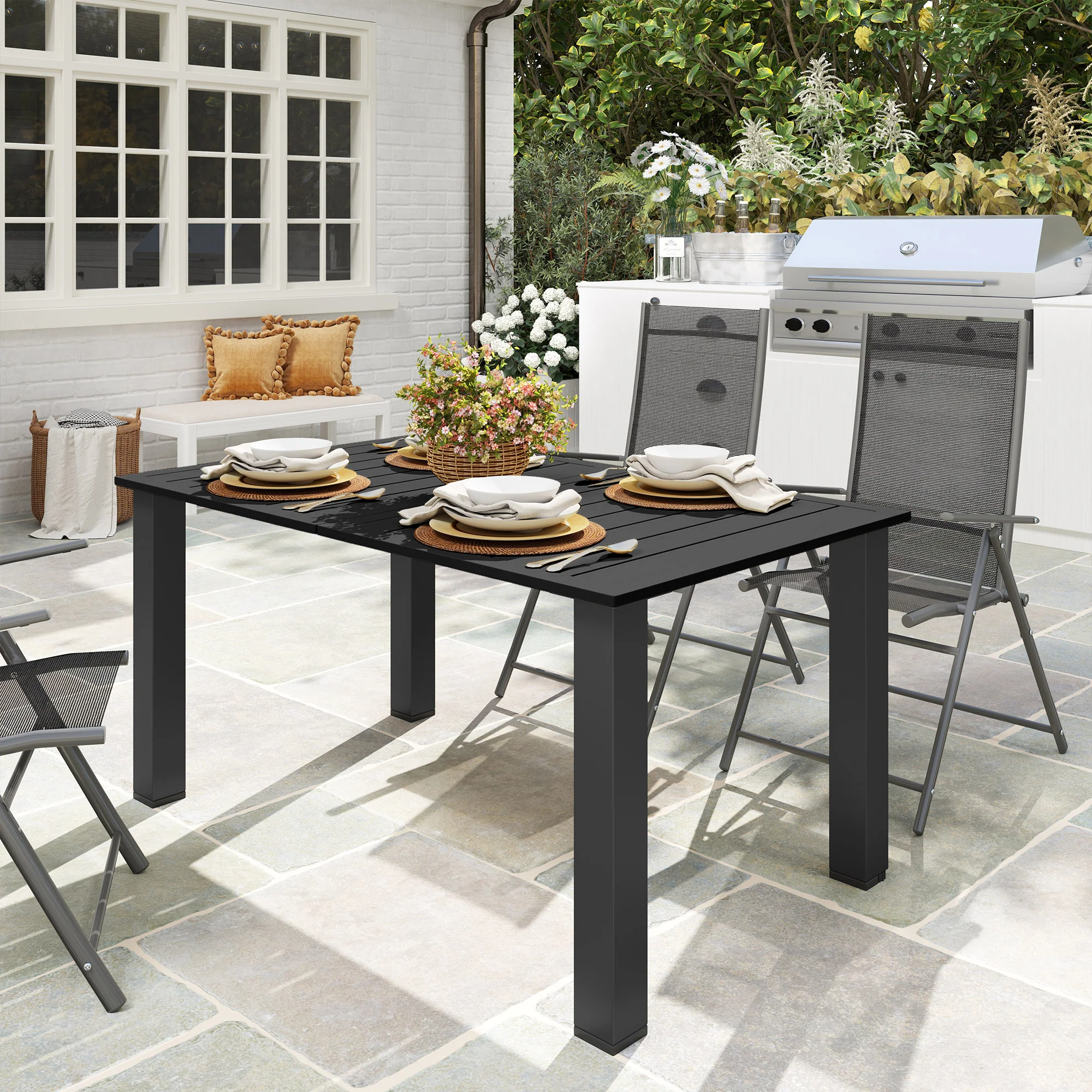 Outsunny Garden Table with Parasol Hole, Slatted Metal Tabletop, Black - Image 2