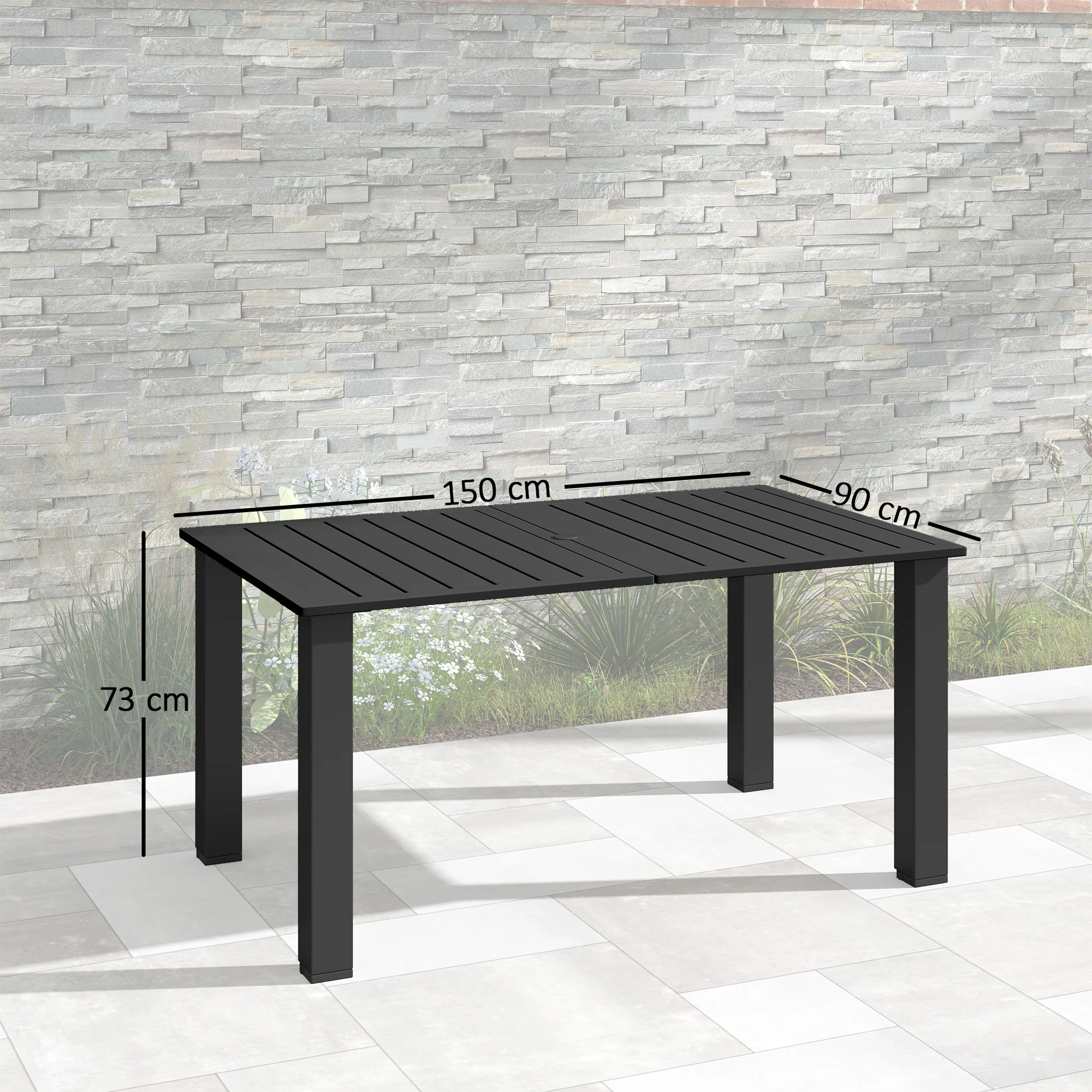 Outsunny Garden Table with Parasol Hole, Slatted Metal Tabletop, Black - Image 5