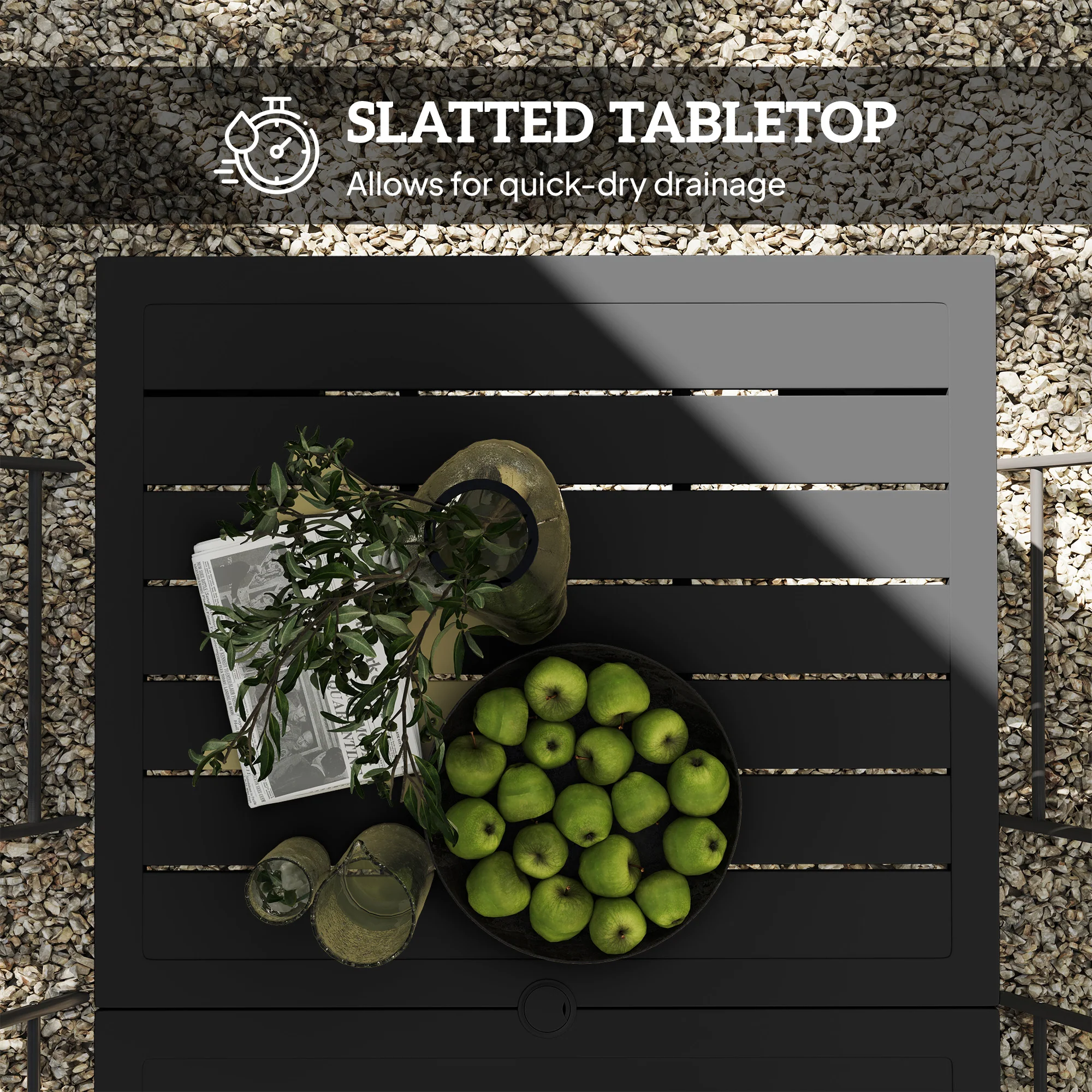Outsunny Garden Table with Parasol Hole, Slatted Metal Tabletop, Black - Image 6
