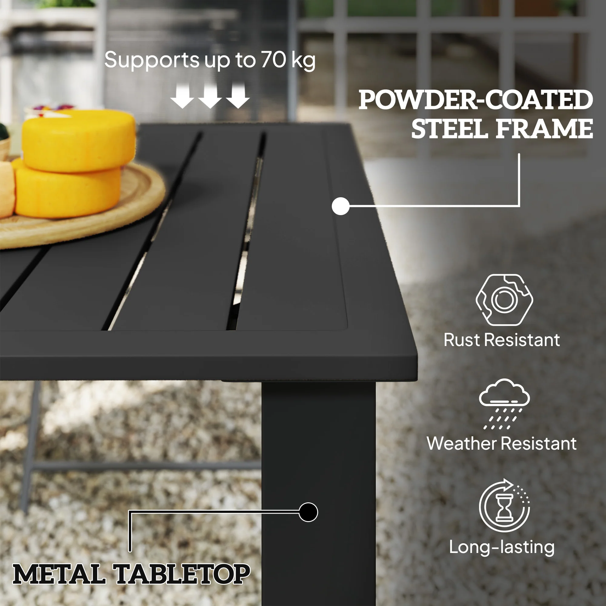 Outsunny Garden Table with Parasol Hole, Slatted Metal Tabletop, Black - Image 7