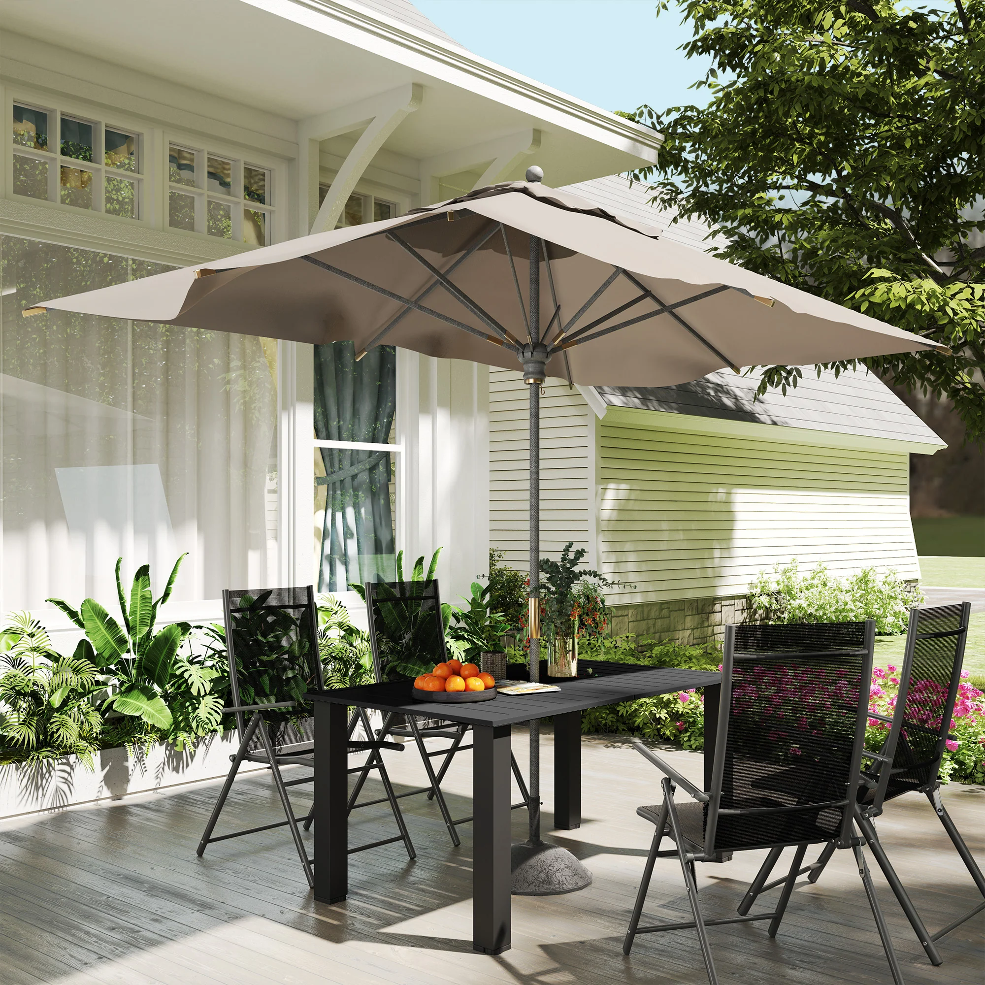 Outsunny Garden Table with Parasol Hole, Slatted Metal Tabletop, Black - Image 8