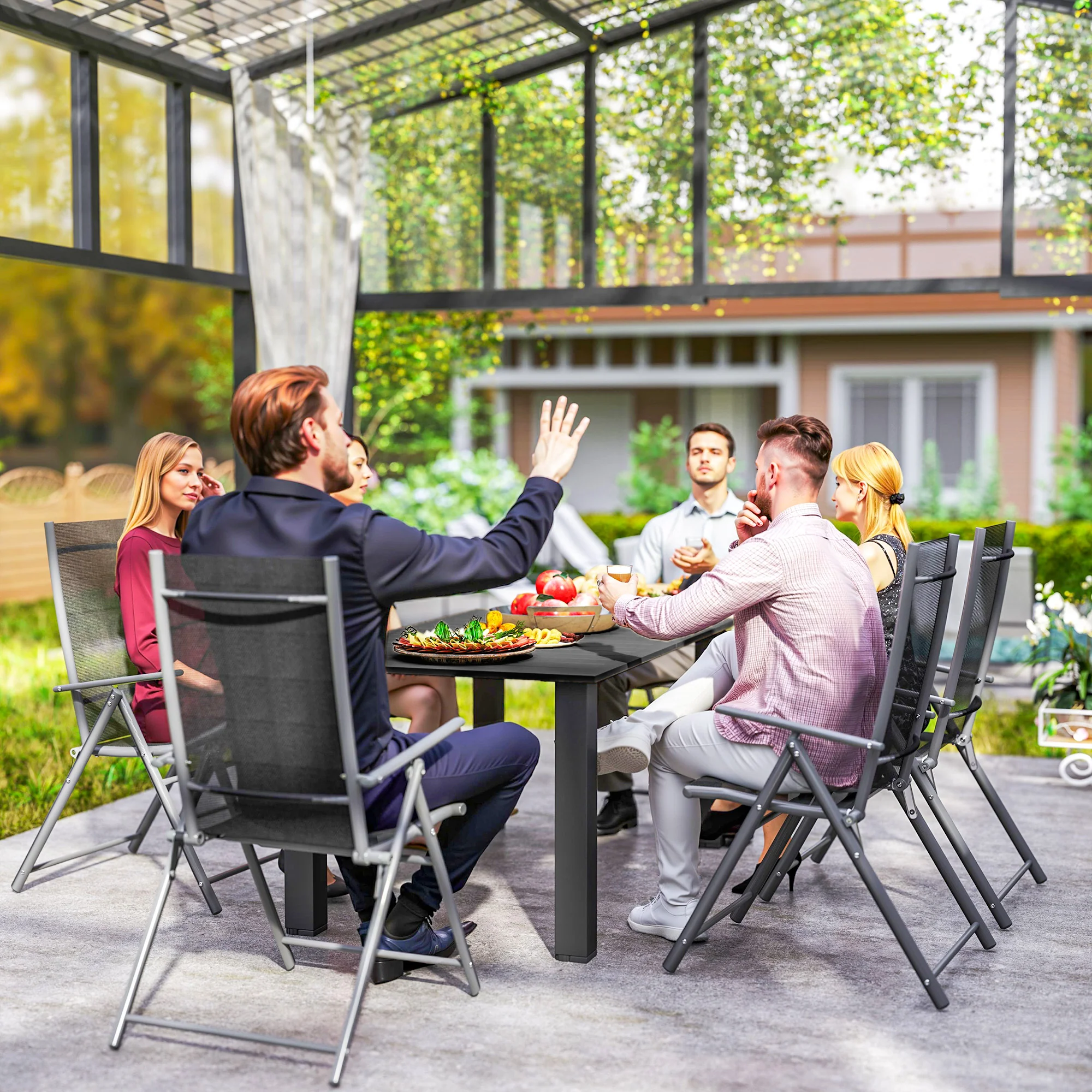 Outsunny Garden Table with Parasol Hole, Slatted Metal Tabletop, Black - Image 9