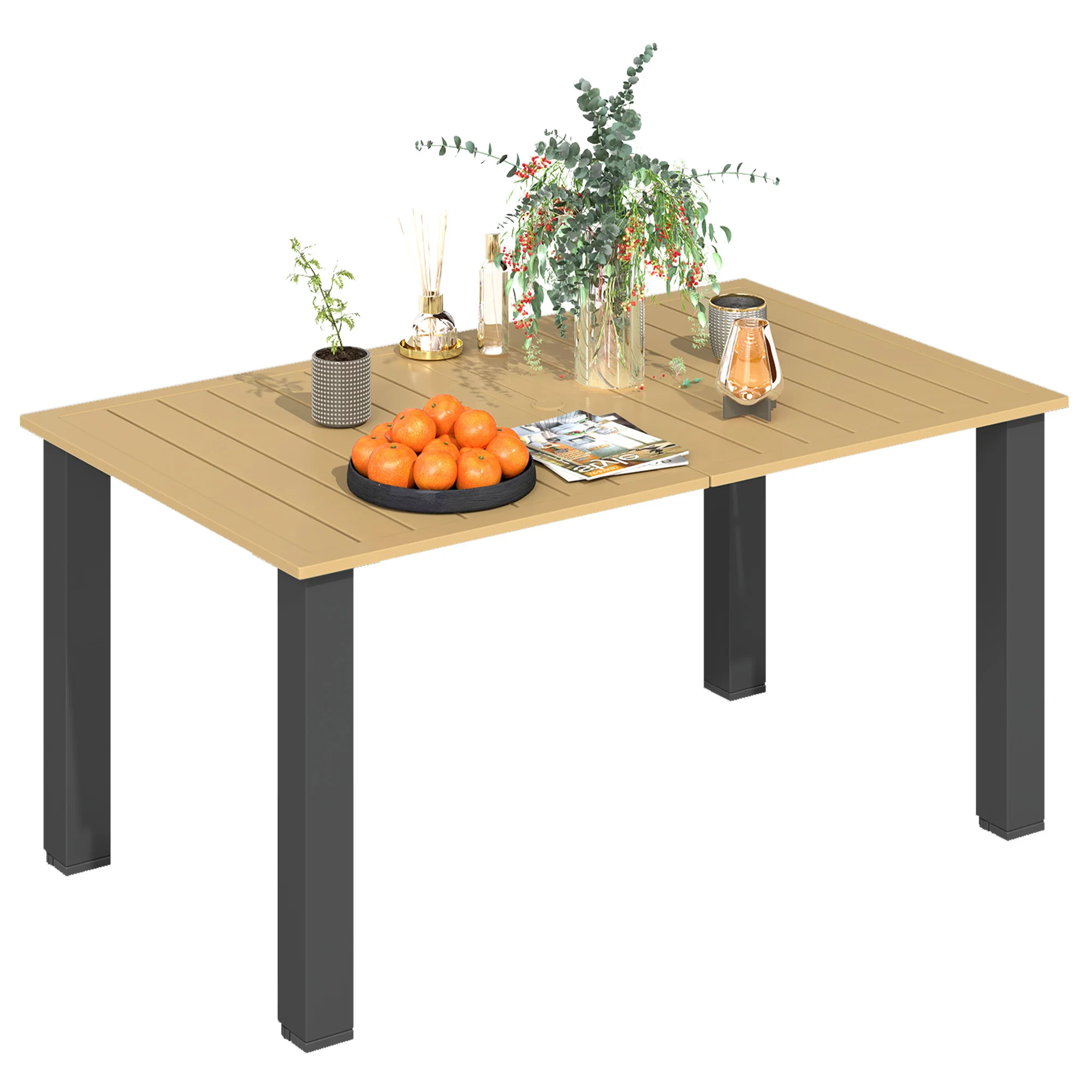 Outsunny Garden Table with Parasol Hole, Slatted Metal Tabletop, Brown