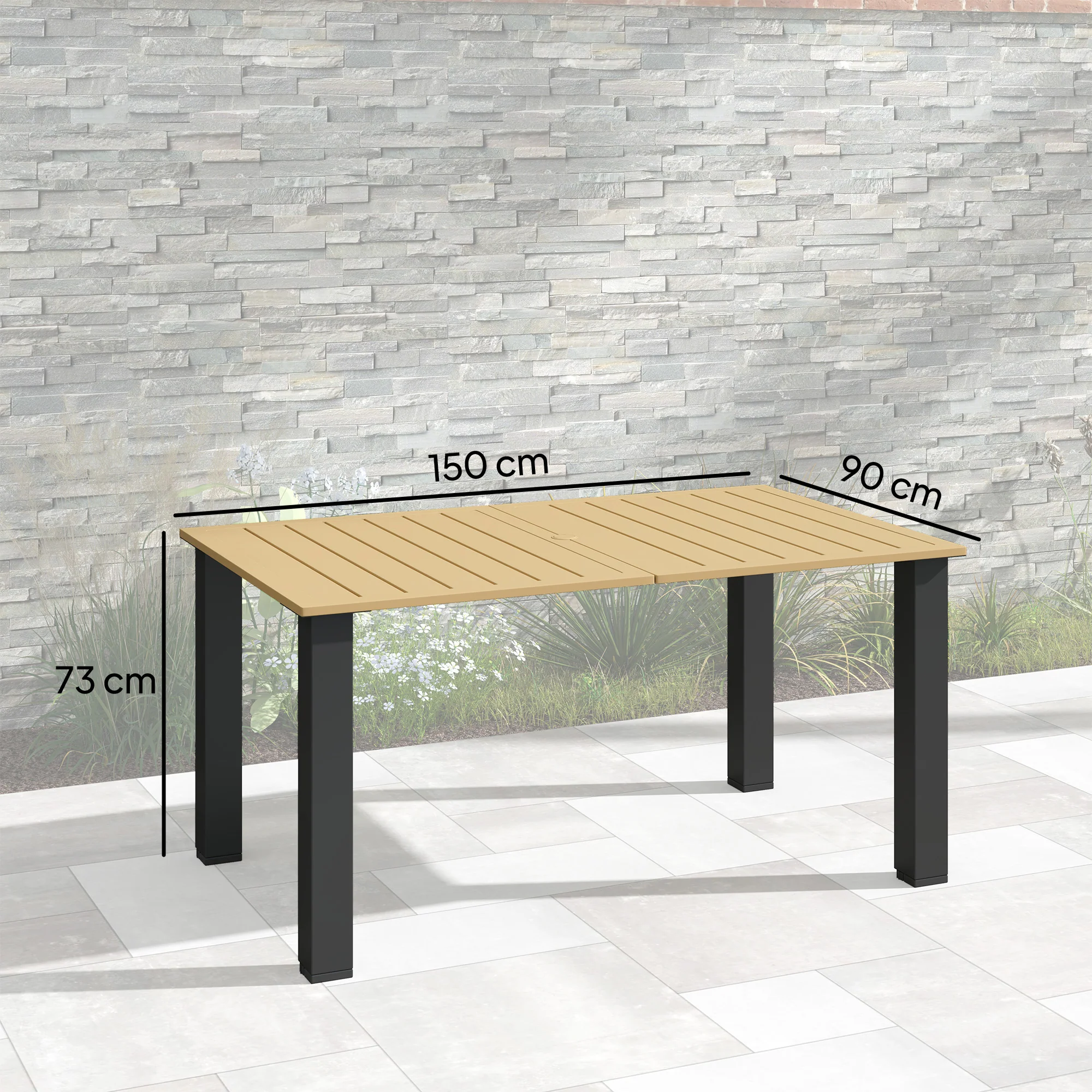 Outsunny Garden Table with Parasol Hole, Slatted Metal Tabletop, Brown - Image 3