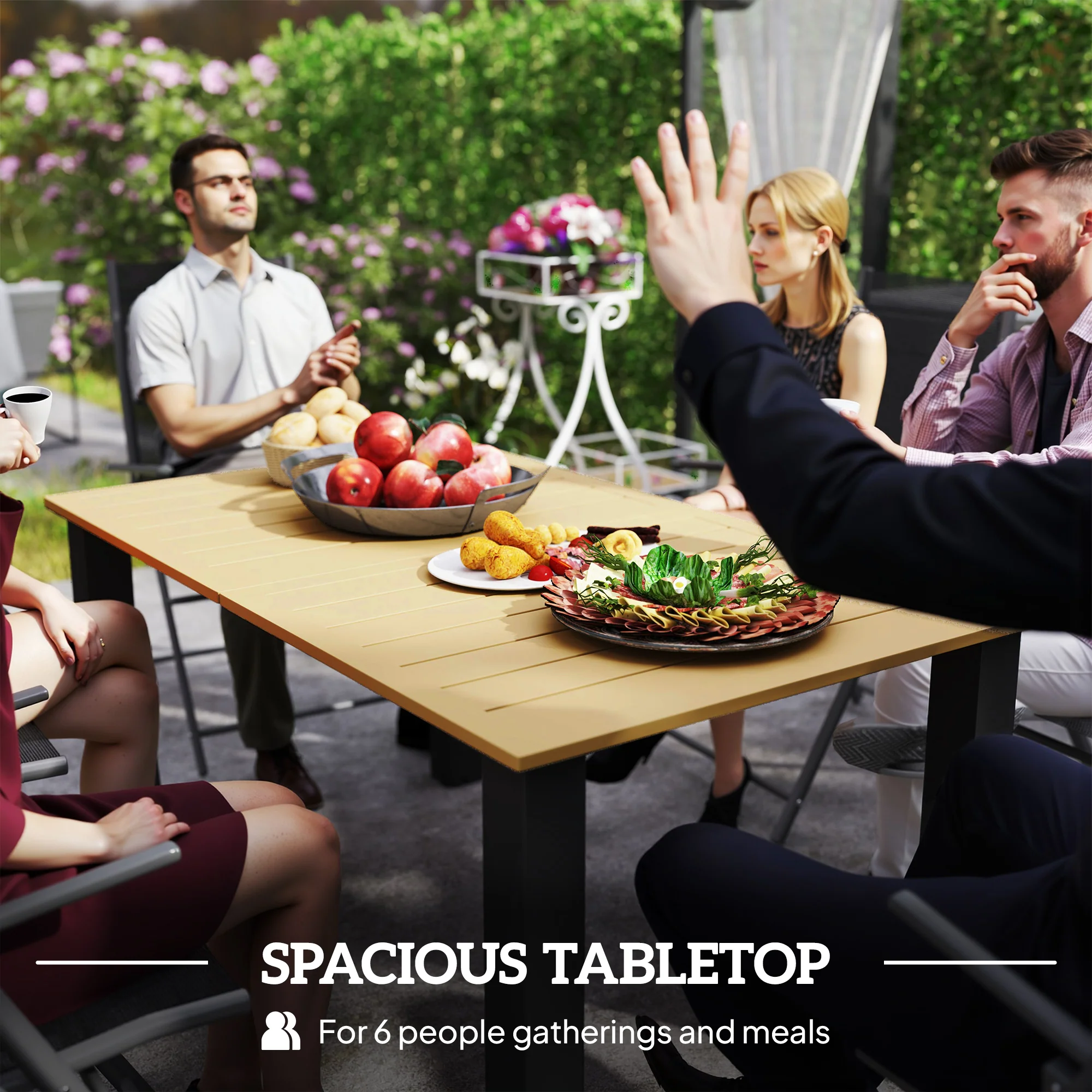 Outsunny Garden Table with Parasol Hole, Slatted Metal Tabletop, Brown - Image 4