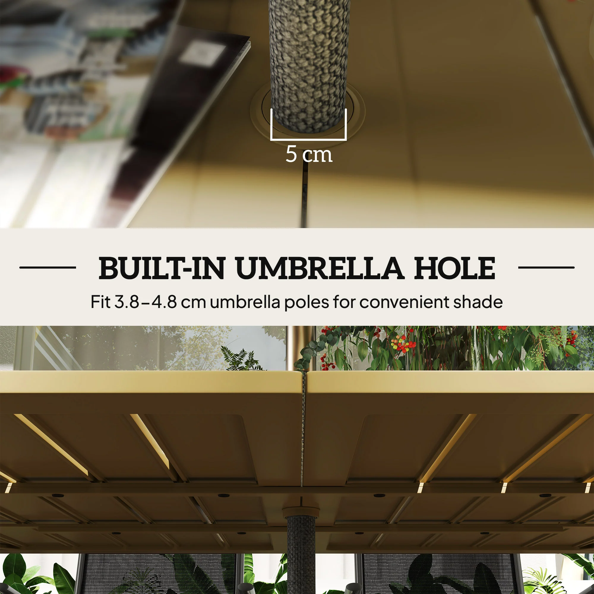 Outsunny Garden Table with Parasol Hole, Slatted Metal Tabletop, Brown - Image 5