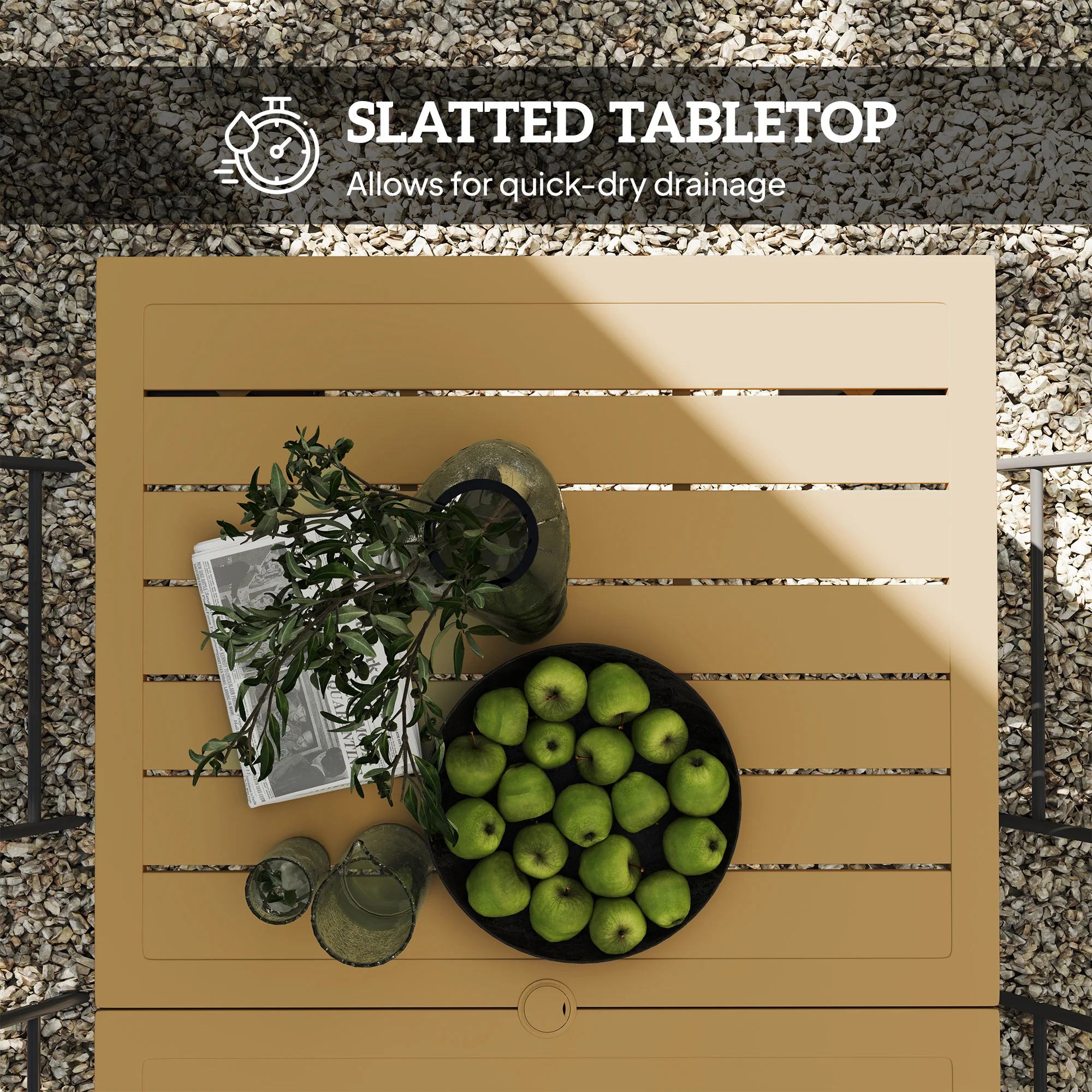 Outsunny Garden Table with Parasol Hole, Slatted Metal Tabletop, Brown - Image 6