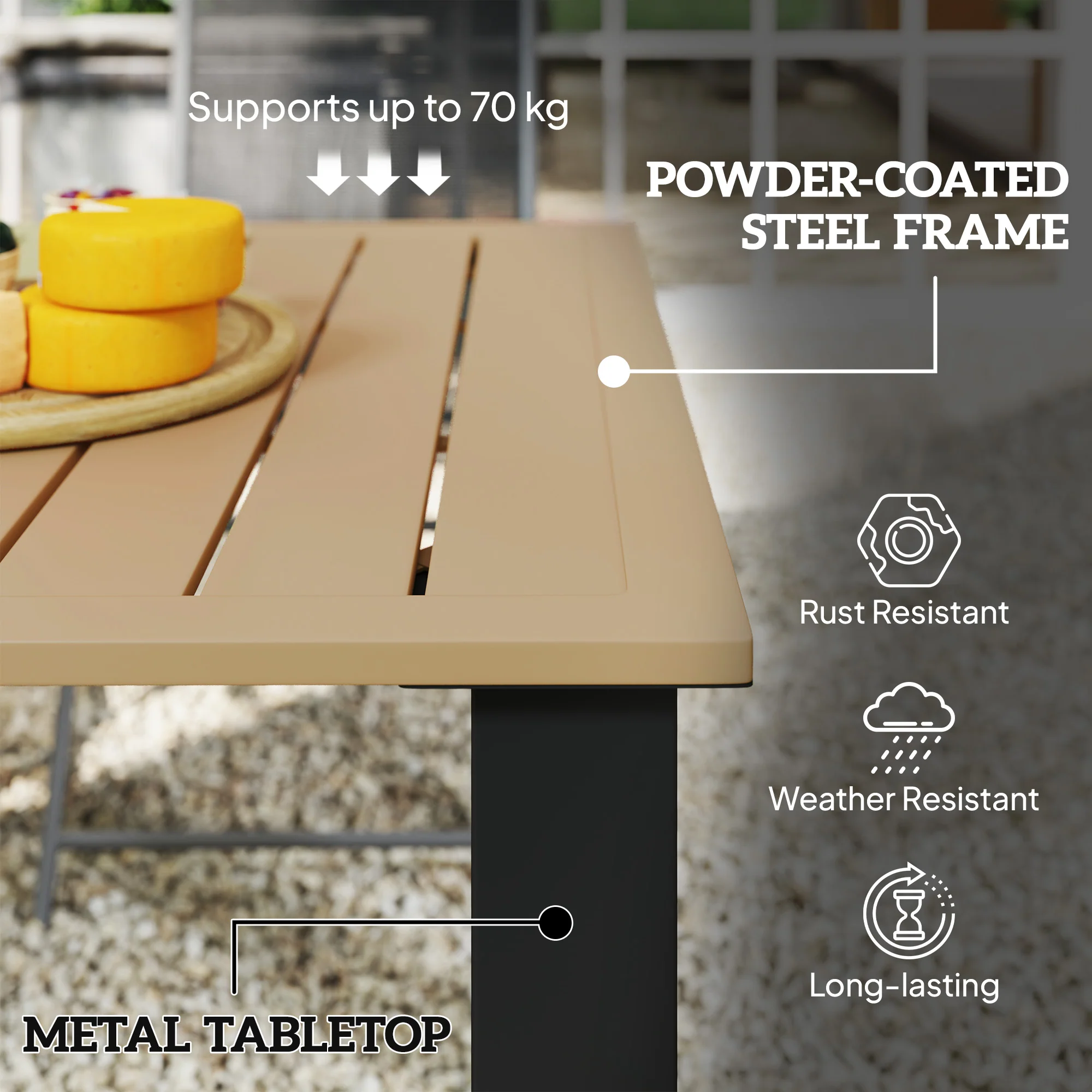 Outsunny Garden Table with Parasol Hole, Slatted Metal Tabletop, Brown - Image 7