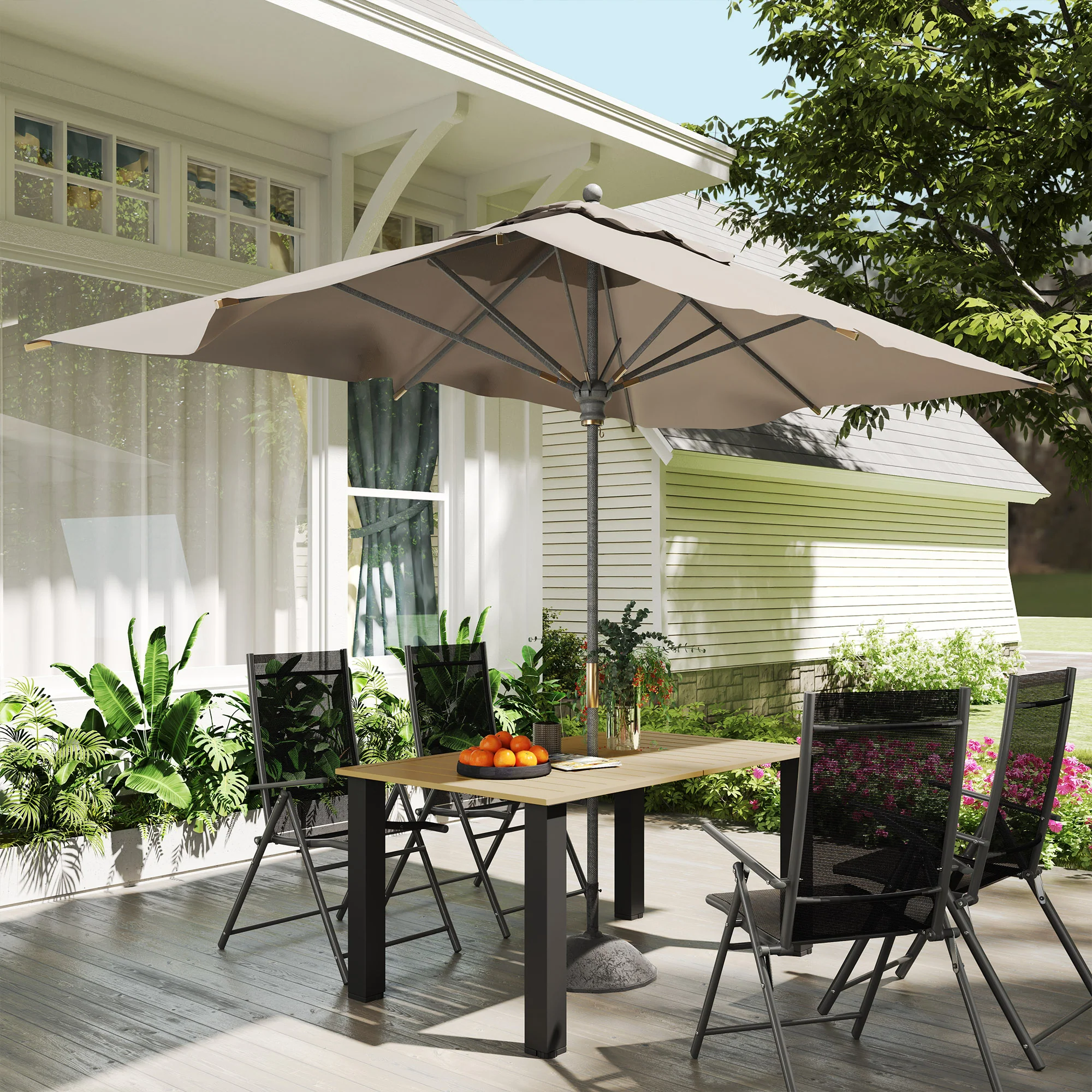 Outsunny Garden Table with Parasol Hole, Slatted Metal Tabletop, Brown - Image 8
