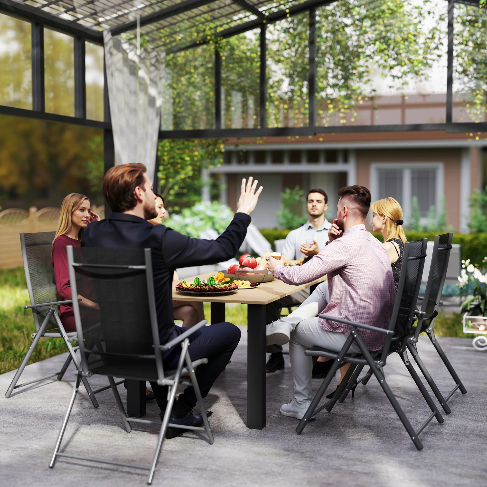 Outsunny Garden Table with Parasol Hole, Slatted Metal Tabletop, Brown - Image 9