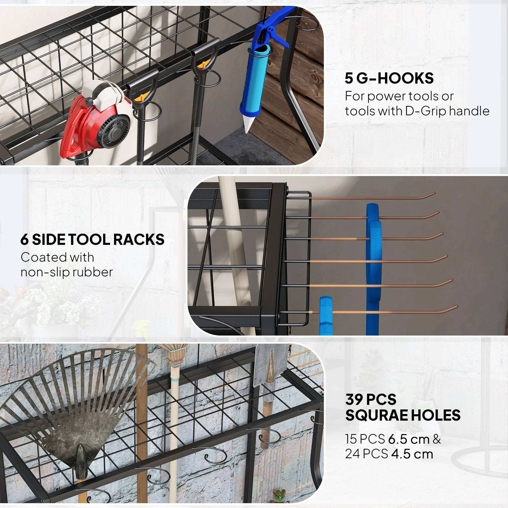Outsunny Garden Tool Storage Rack, 3-Tier Garden Tool Rack with 11 Hooks - Image 3