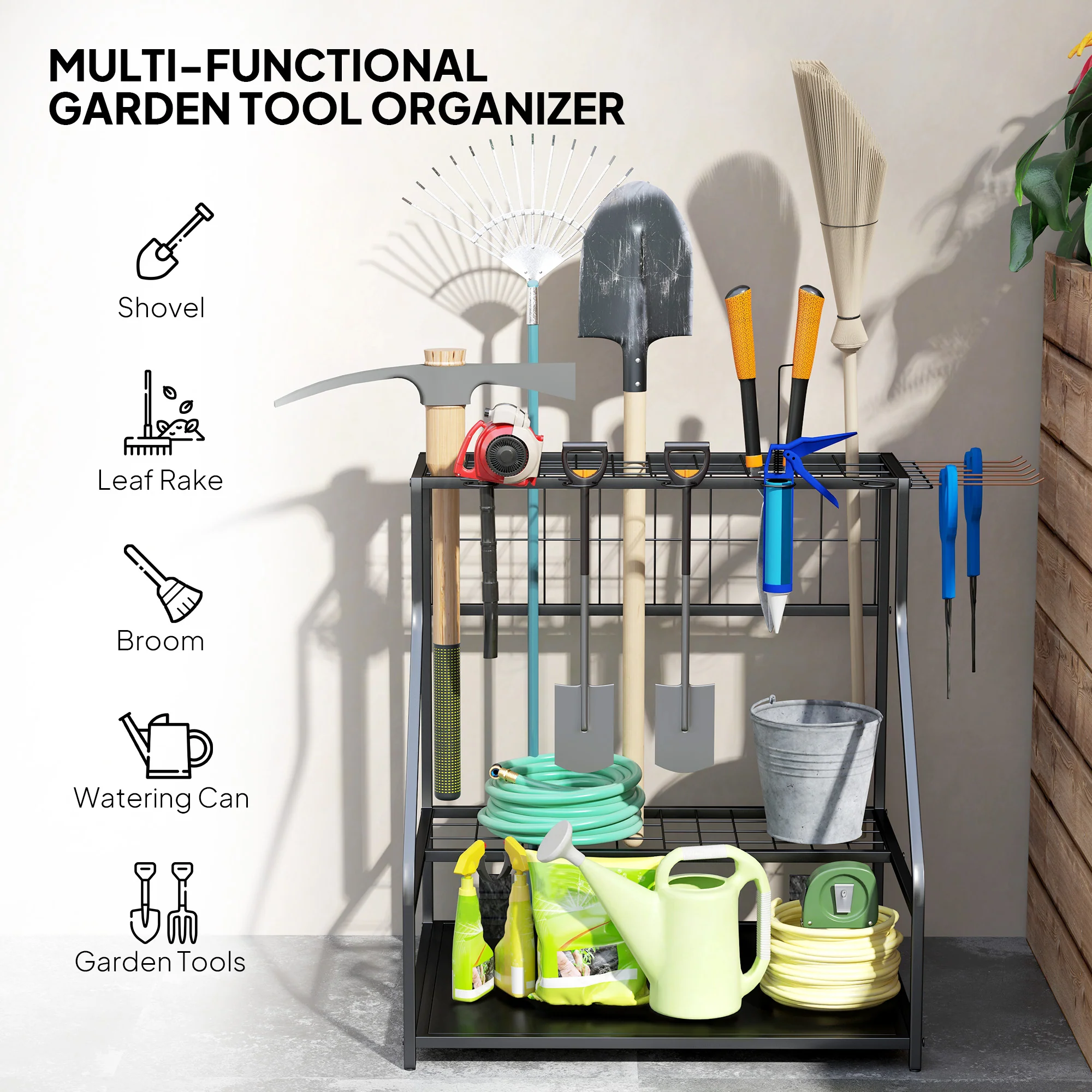 Outsunny Garden Tool Storage Rack, 3-Tier Garden Tool Rack with 11 Hooks - Image 4