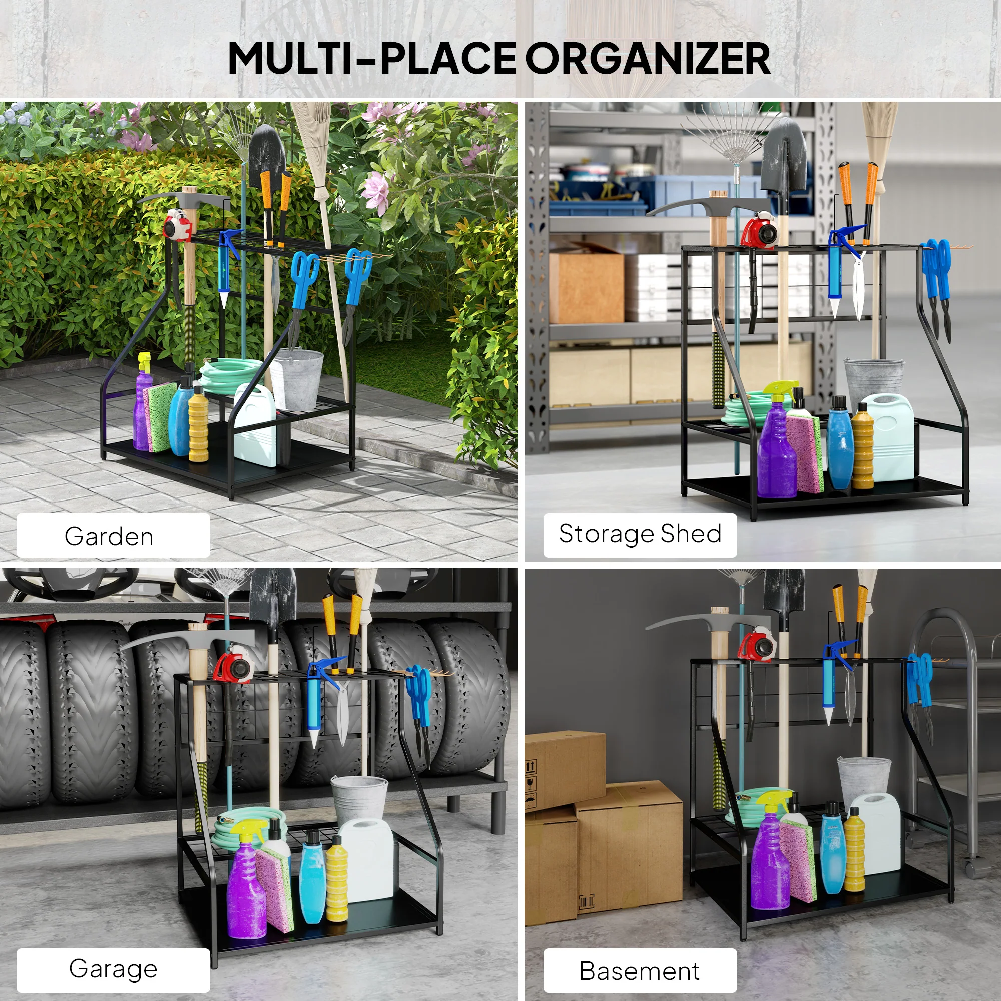 Outsunny Garden Tool Storage Rack, 3-Tier Garden Tool Rack with 11 Hooks - Image 7