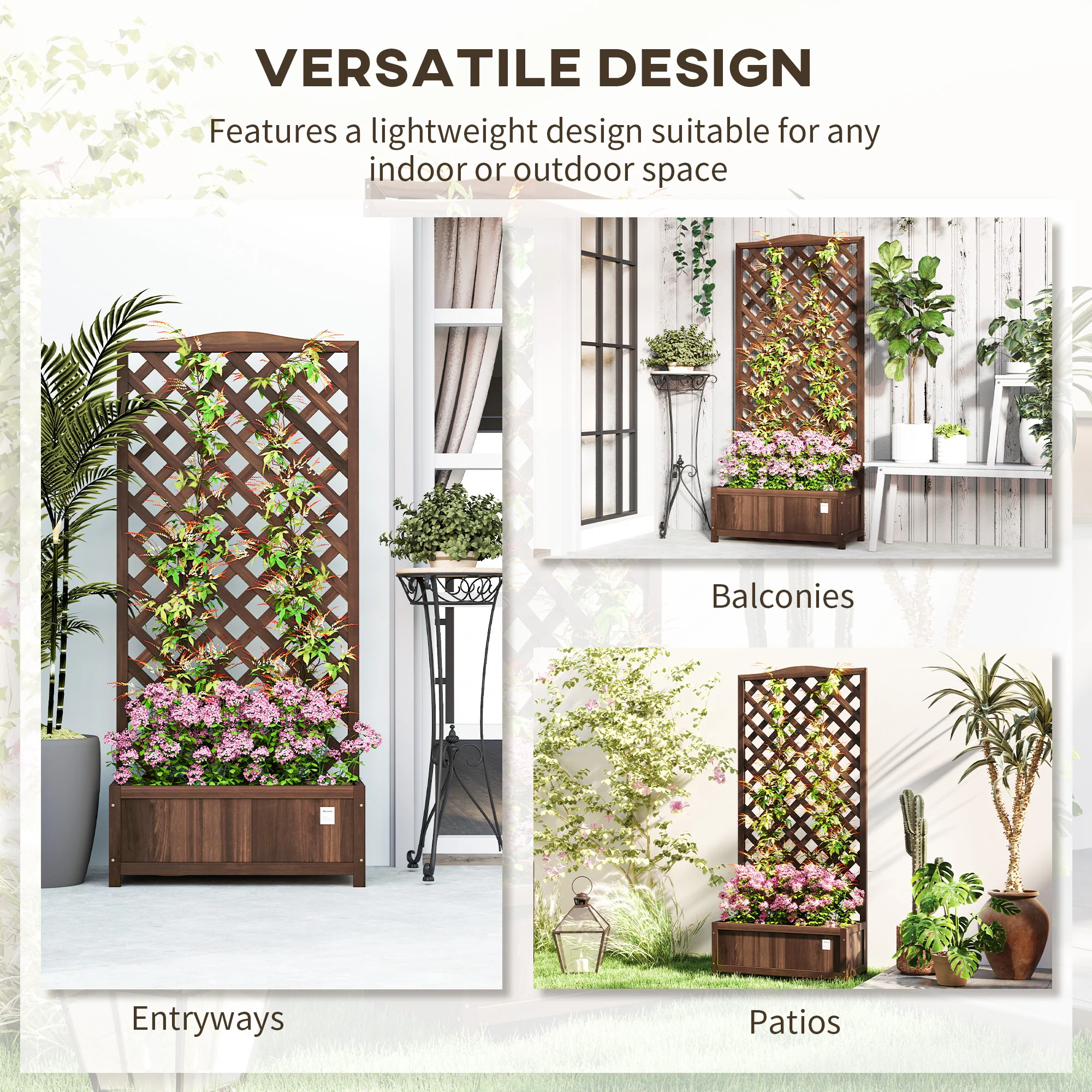 Outsunny Garden Wooden Planter Box with Trellis Flower Raised Bed Dark Brown - Image 3