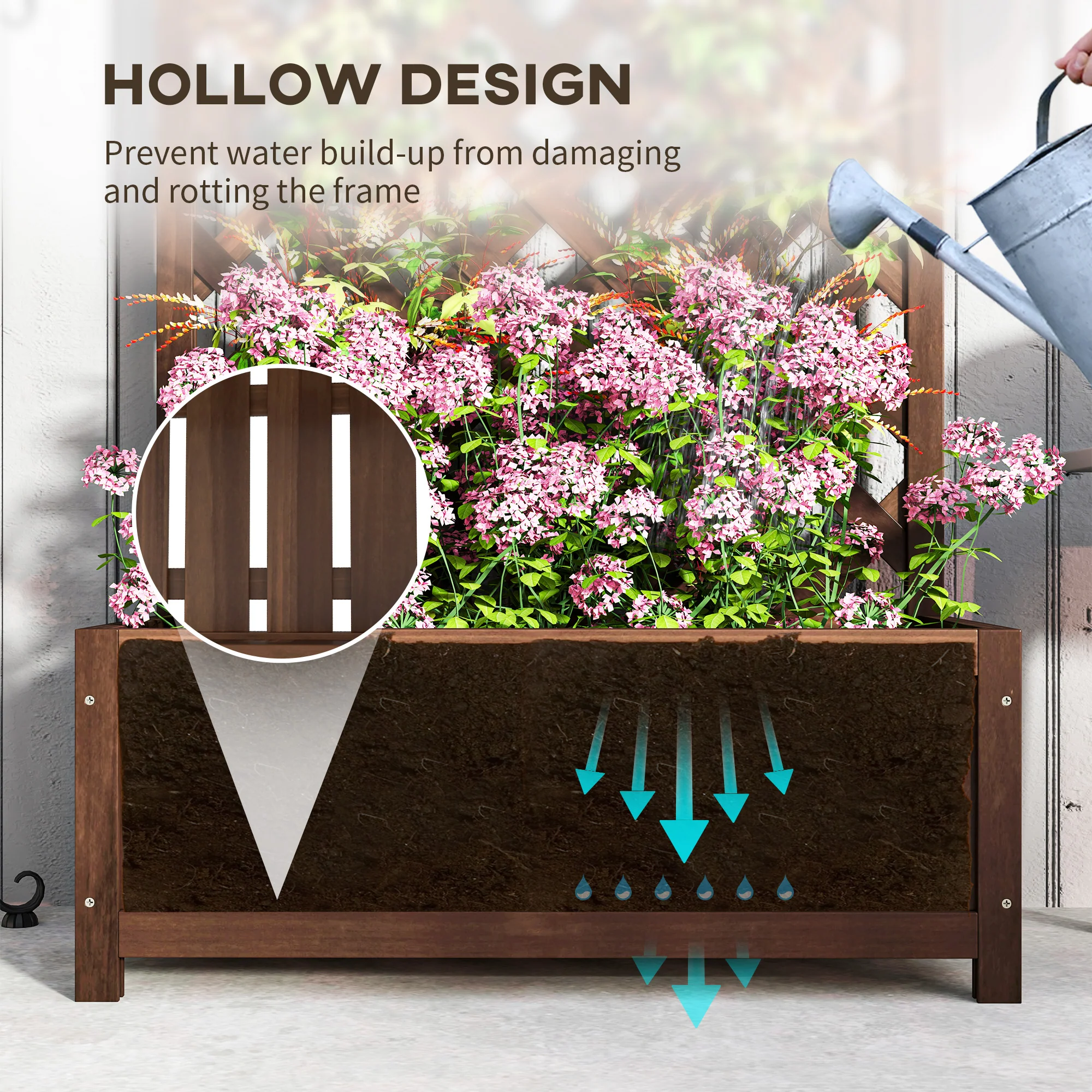 Outsunny Garden Wooden Planter Box with Trellis Flower Raised Bed Dark Brown - Image 6
