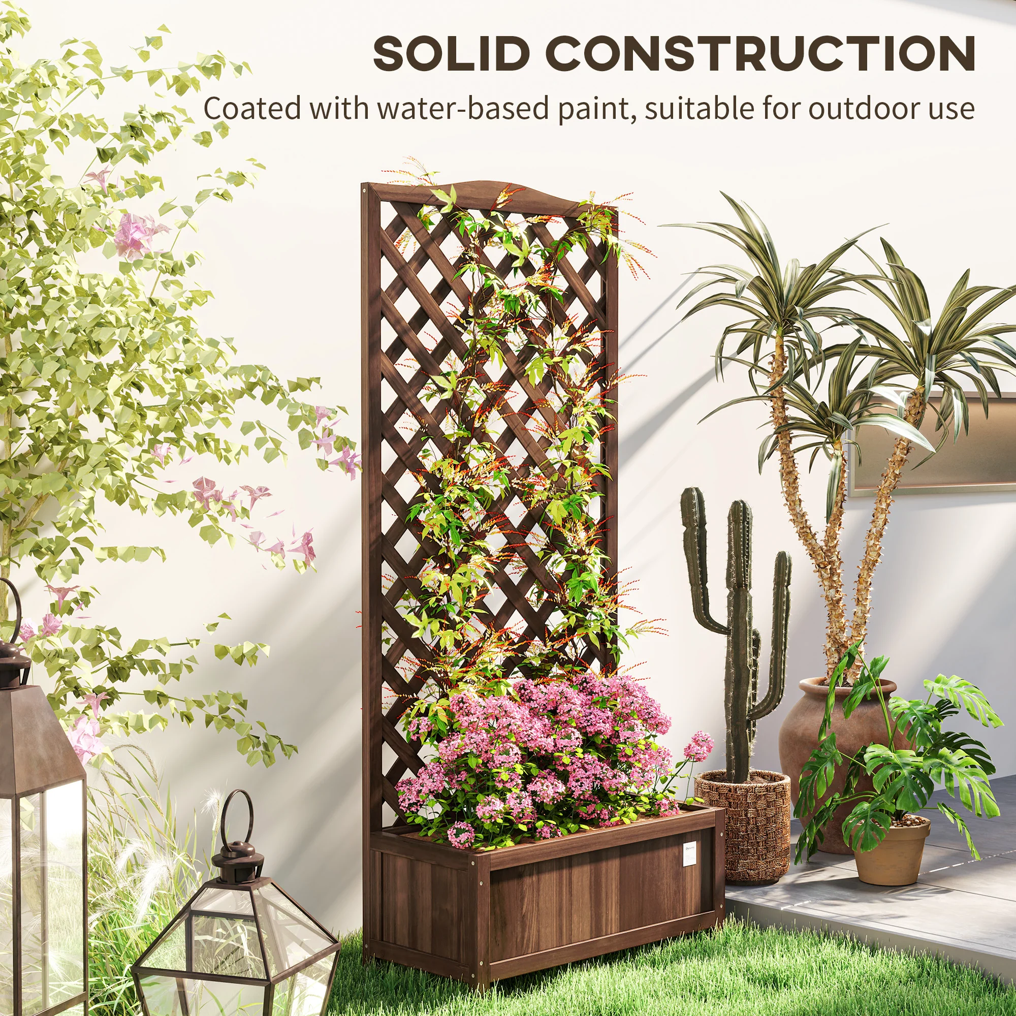 Outsunny Garden Wooden Planter Box with Trellis Flower Raised Bed Dark Brown - Image 7