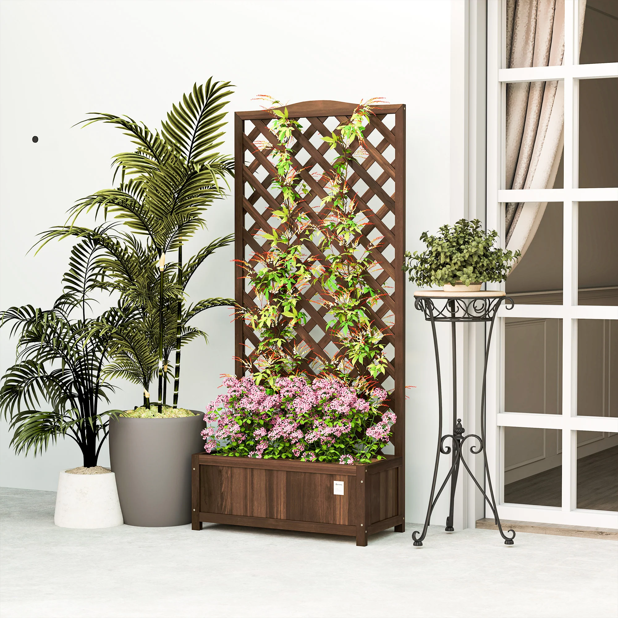 Outsunny Garden Wooden Planter Box with Trellis Flower Raised Bed Dark Brown - Image 8