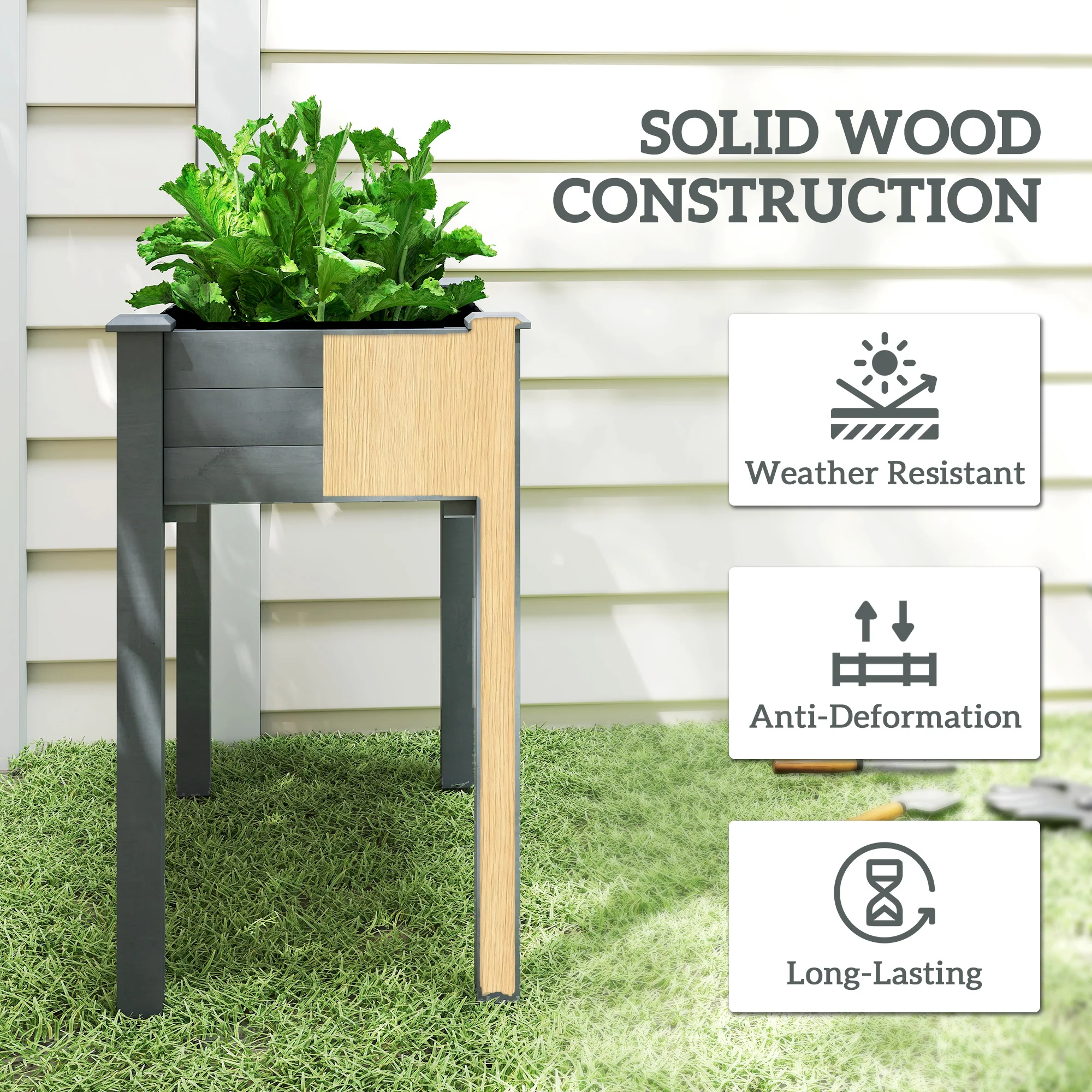 Outsunny Garden Wooden Planter Flower Raised Bed, Dark Grey - Image 4