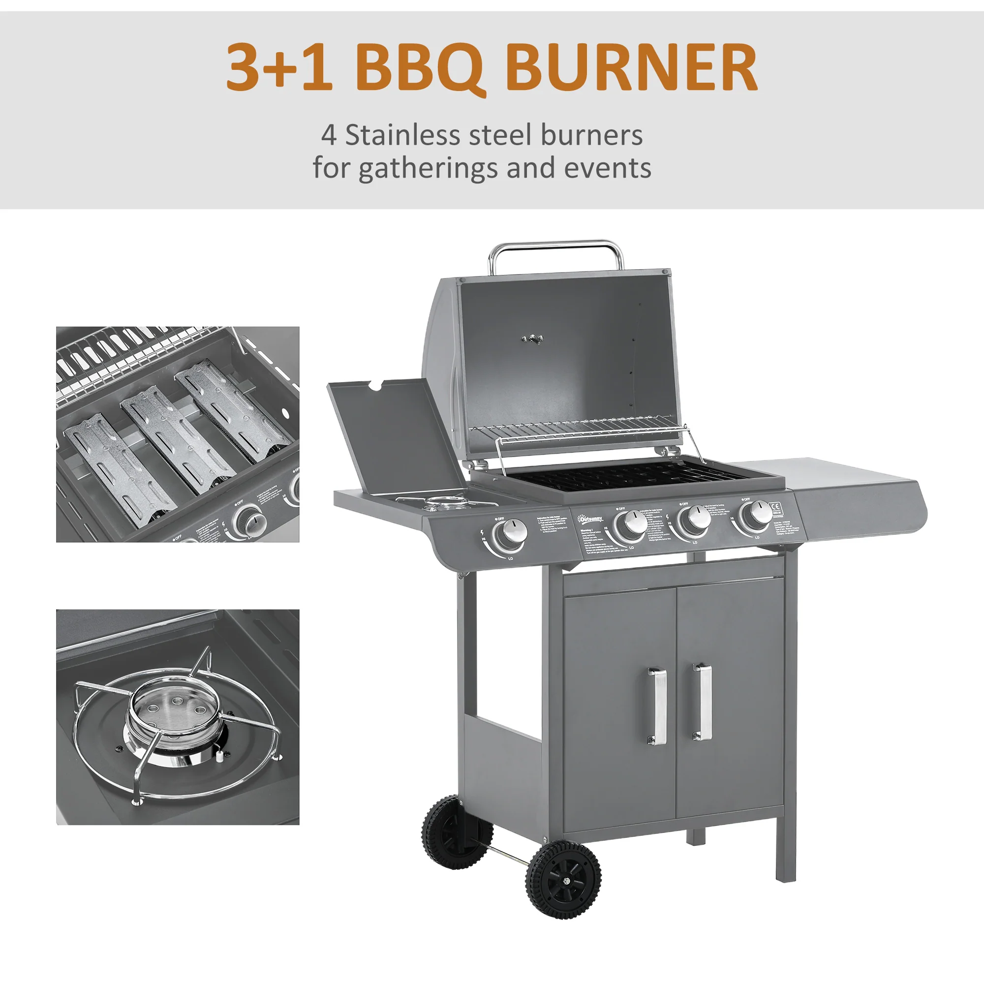 Outsunny Gas Barbecue Grill 3+1 Burner Garden BBQ W/ Large Cooking Area - Image 4