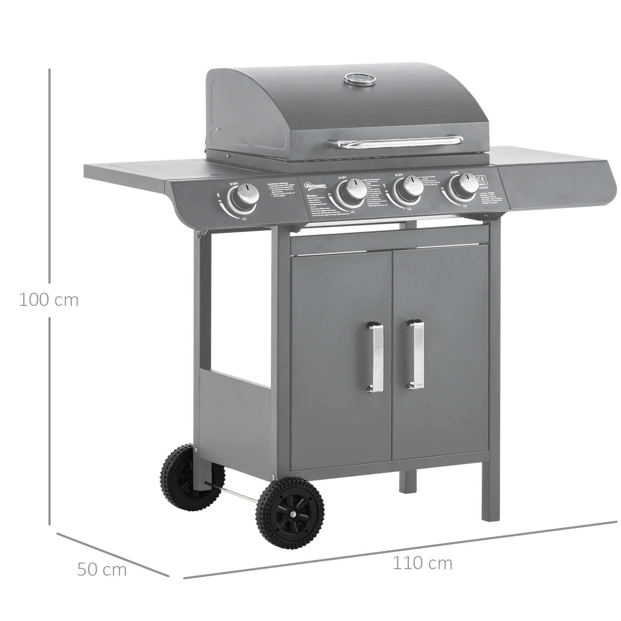 Outsunny Gas Barbecue Grill 3+1 Burner Garden BBQ W/ Large Cooking Area - Image 5